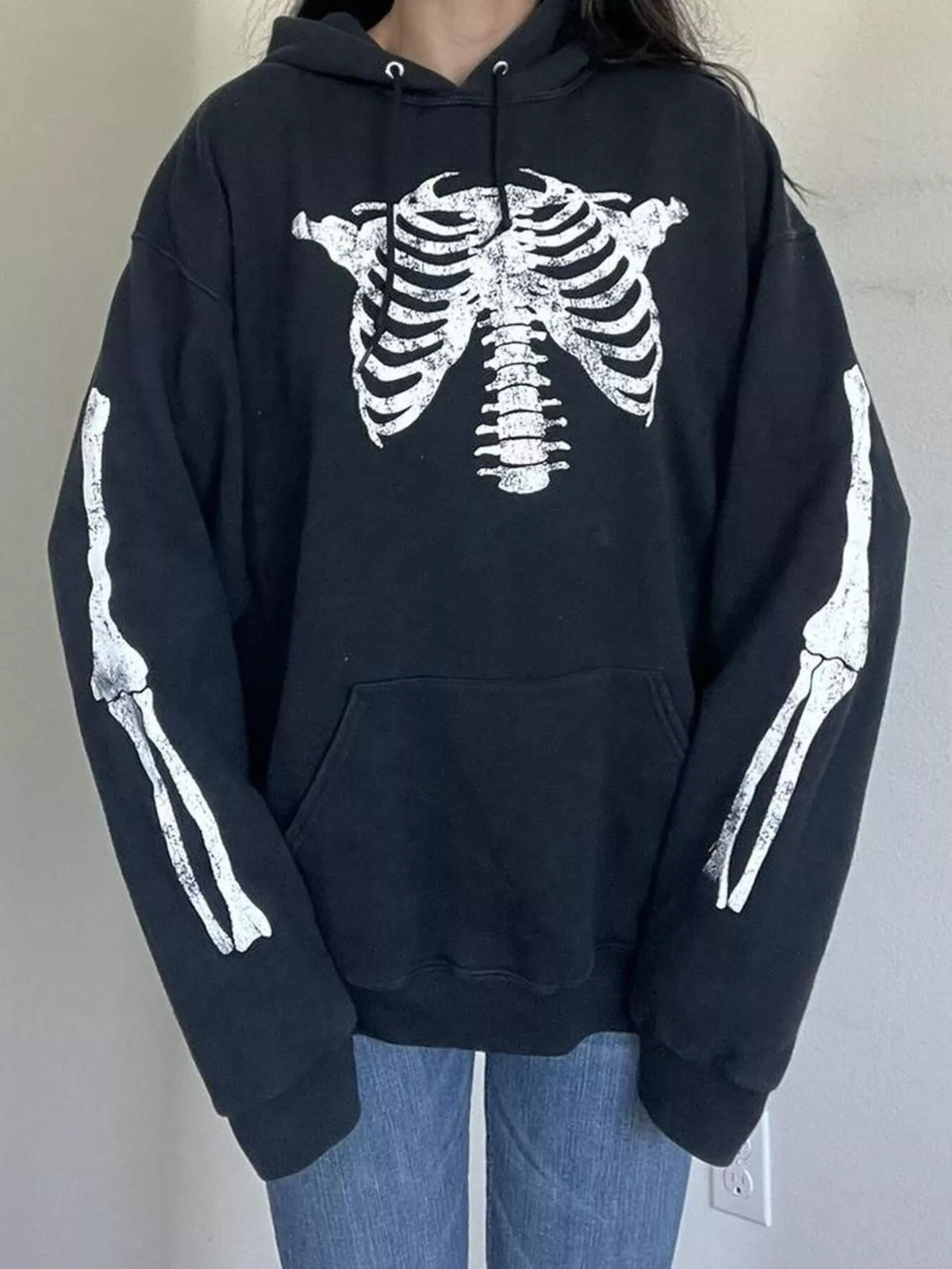 Drawstring Skeleton Long Sleeve Hoodie - Lilixa.store