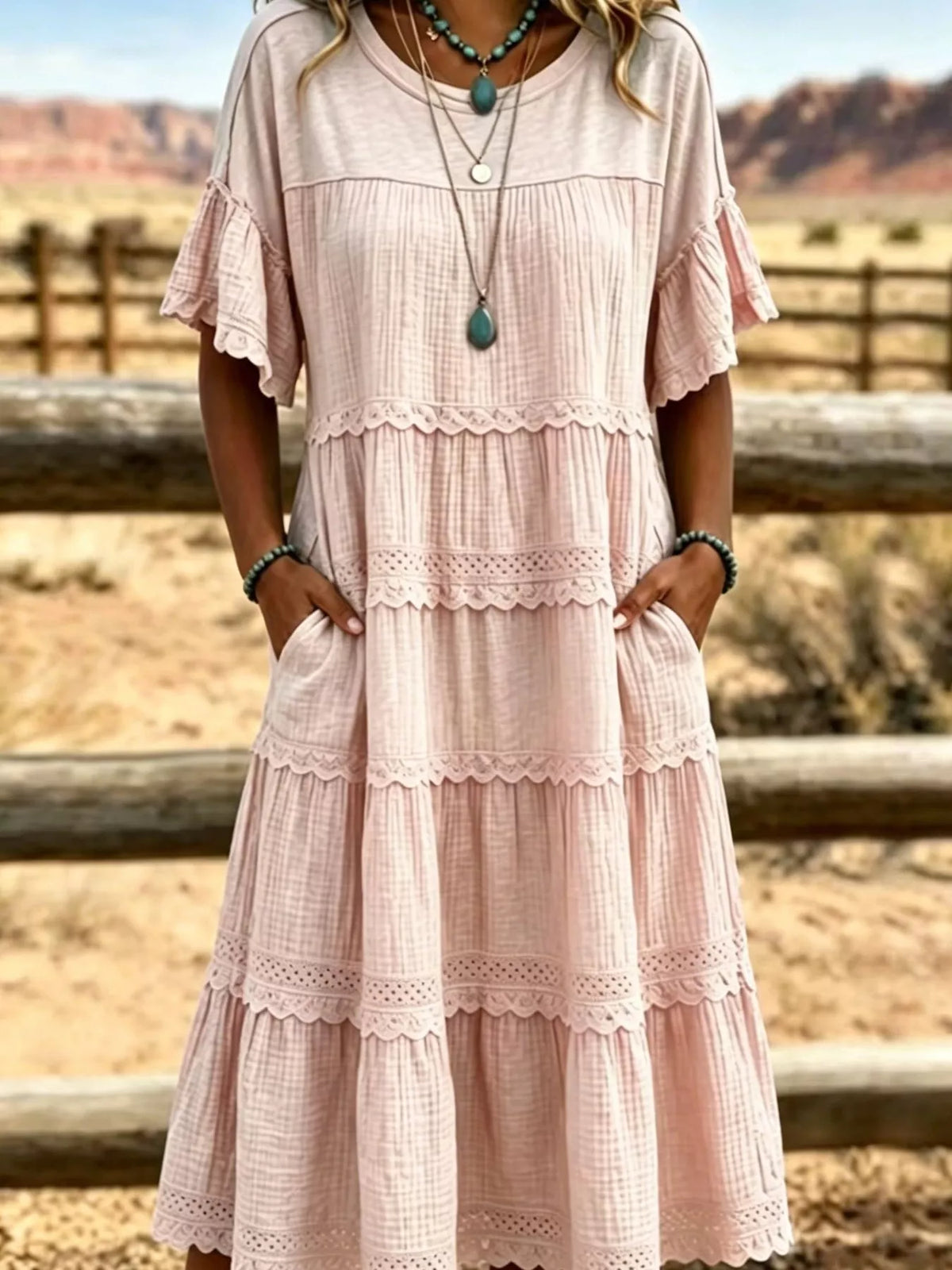 Full Size Tiered Ruffle Sleeve Midi Dress with Pockets Plus Size - Lilixa.store