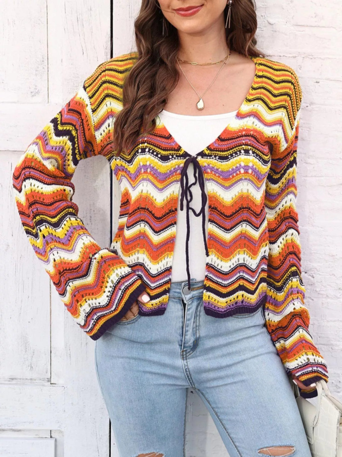 Vibrant Chevron Striped Tie-Front Knit Cardigan, view 3