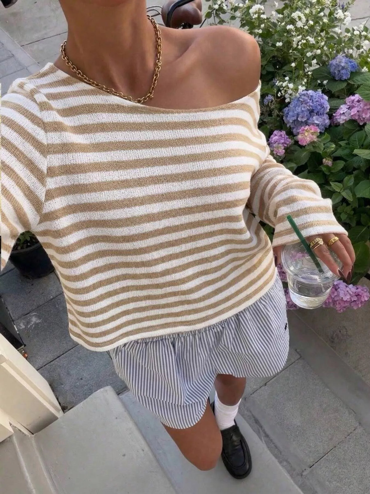 Boat Neck Striped Long Sleeve T-Shirt