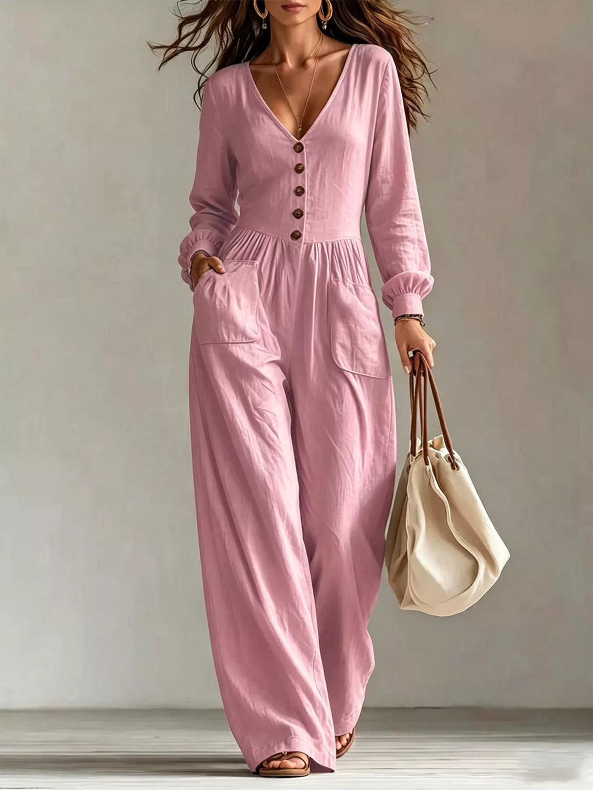 V-Neck Long Sleeve Button Front Wide-Leg Jumpsuit