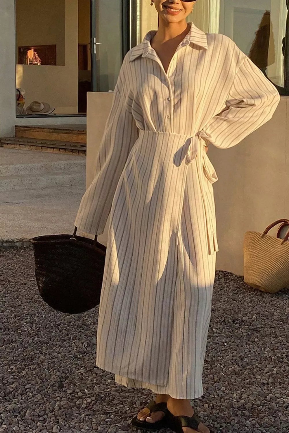 Striped Button-Down Shirt Dress with Waist Tie - Lilixa.store