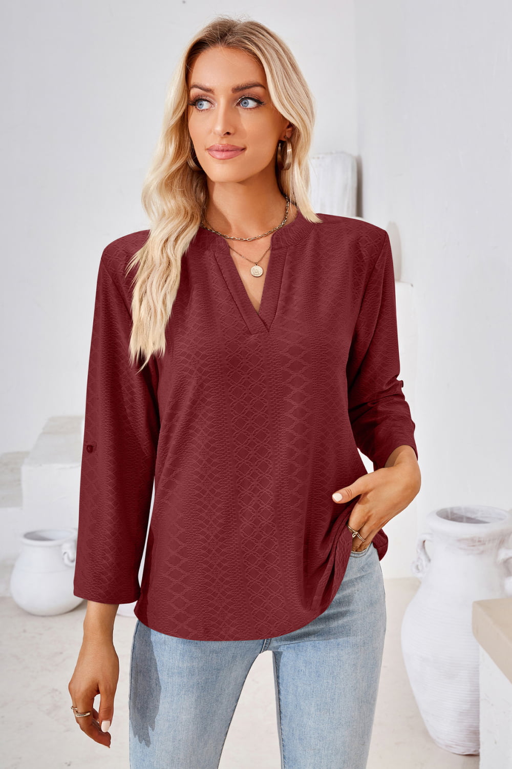 V-Neck Roll-Tap Sleeve Blouse in Burgundy