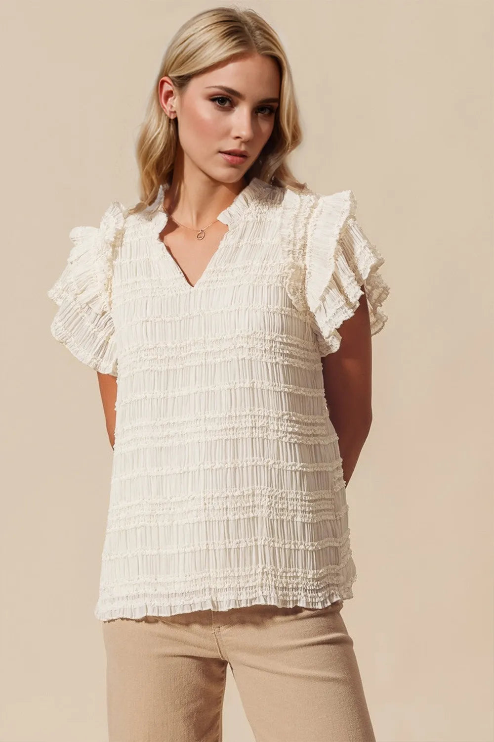 Oh Full Size Frill Notched Flounce Sleeve Blouse in Ivory