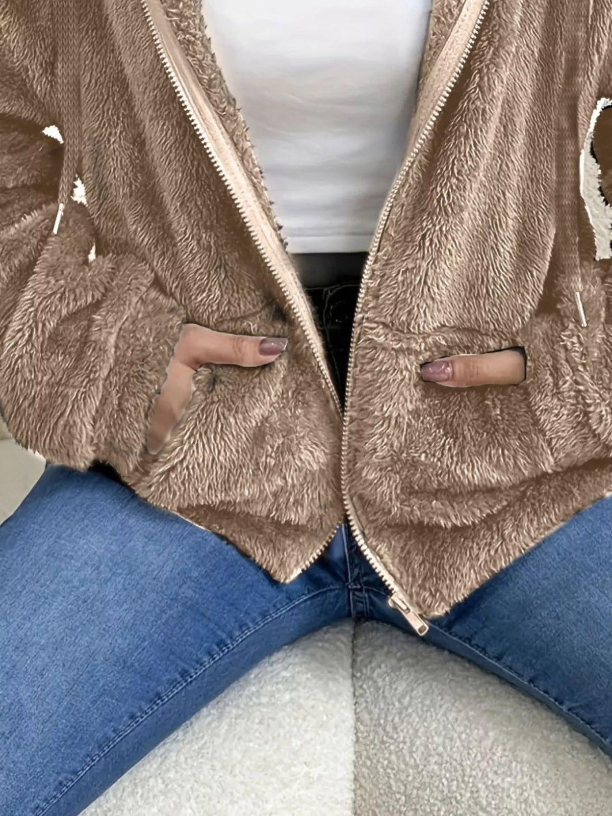 Drawstring Fleece Zip-Up Outerwear in Taupe