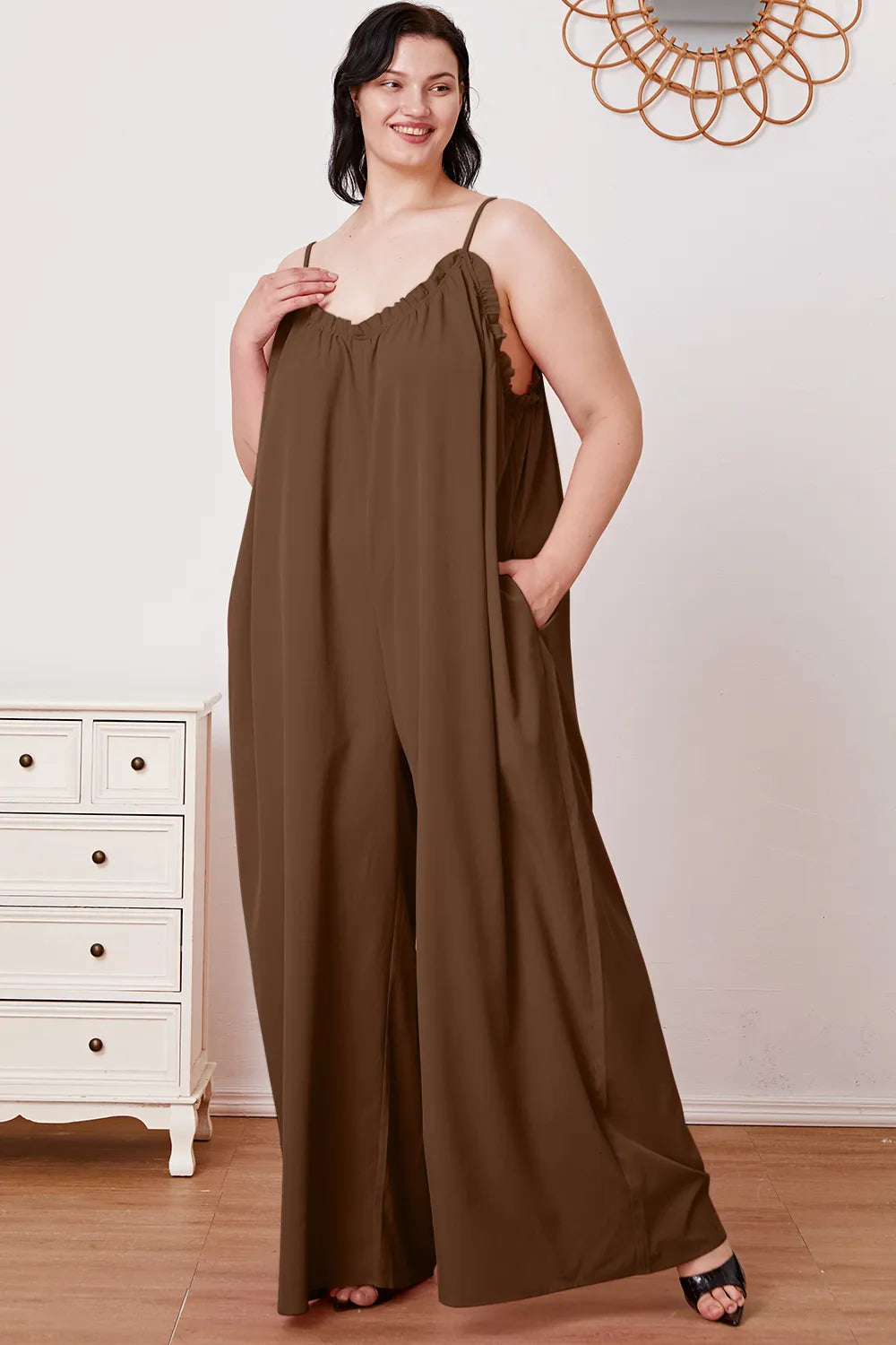Double Take Full Size Ruffle Trim Tie Back Cami Jumpsuit with Pockets - Lilixa.store