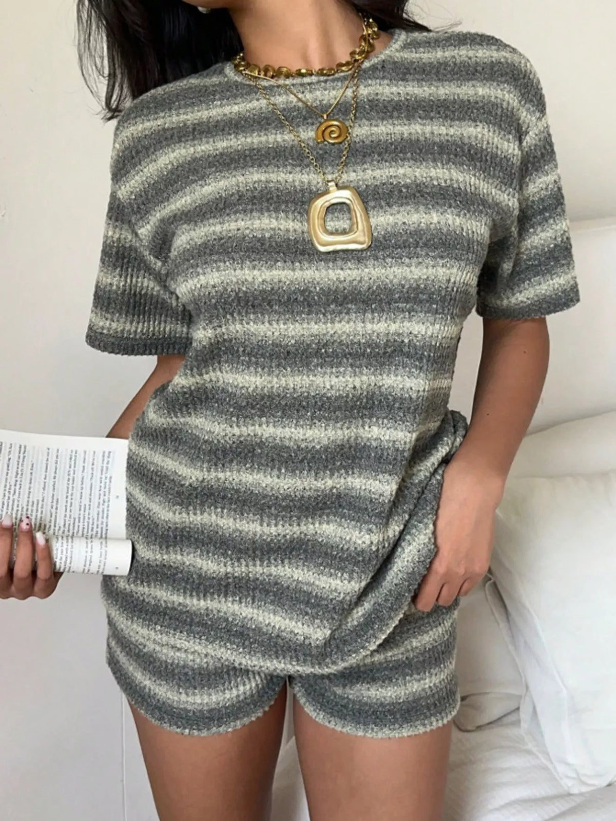 Striped Textured Knit Top and Shorts Set, view 2