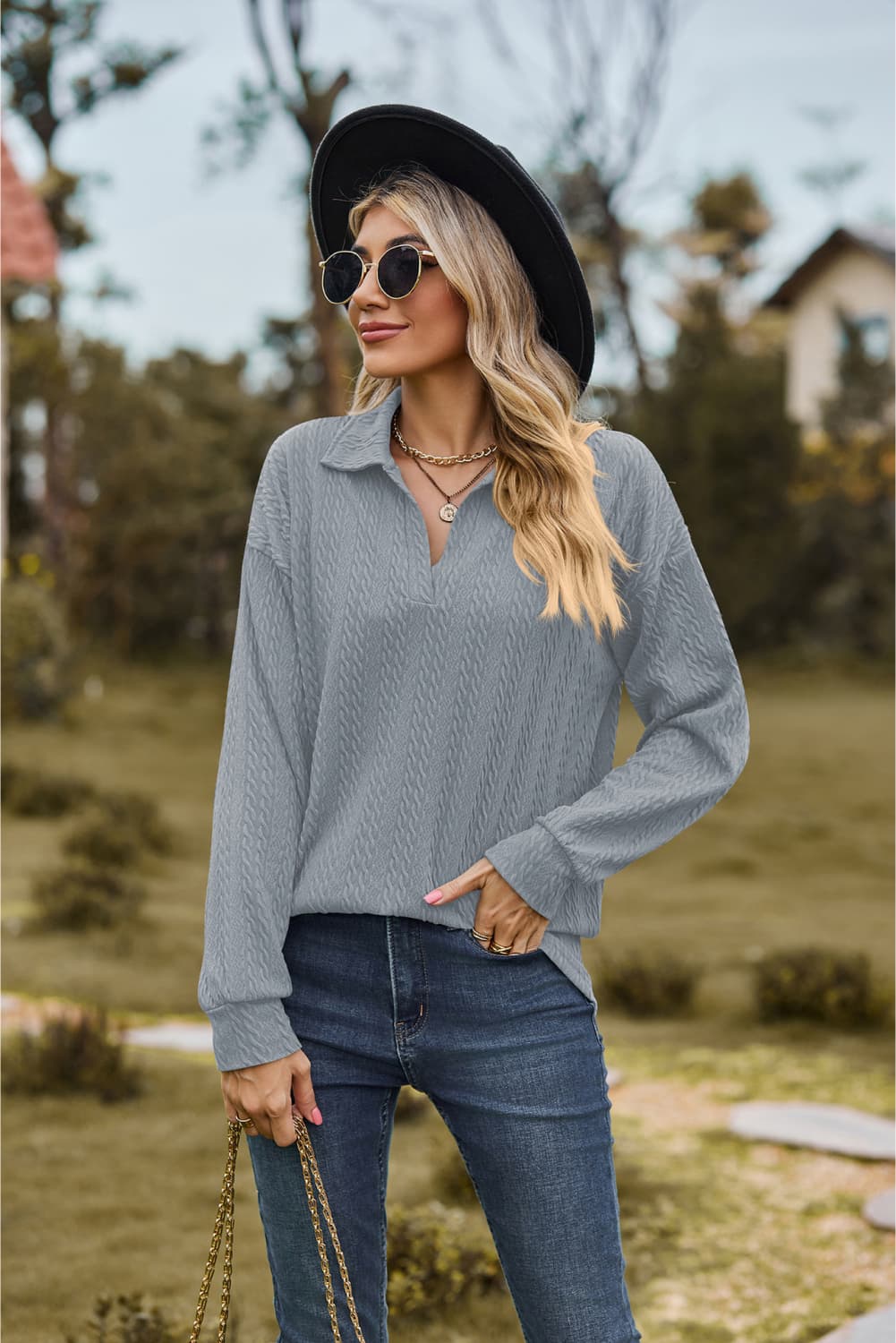 Collared Neck Cable-Knit Long Sleeve Blouse, view 11