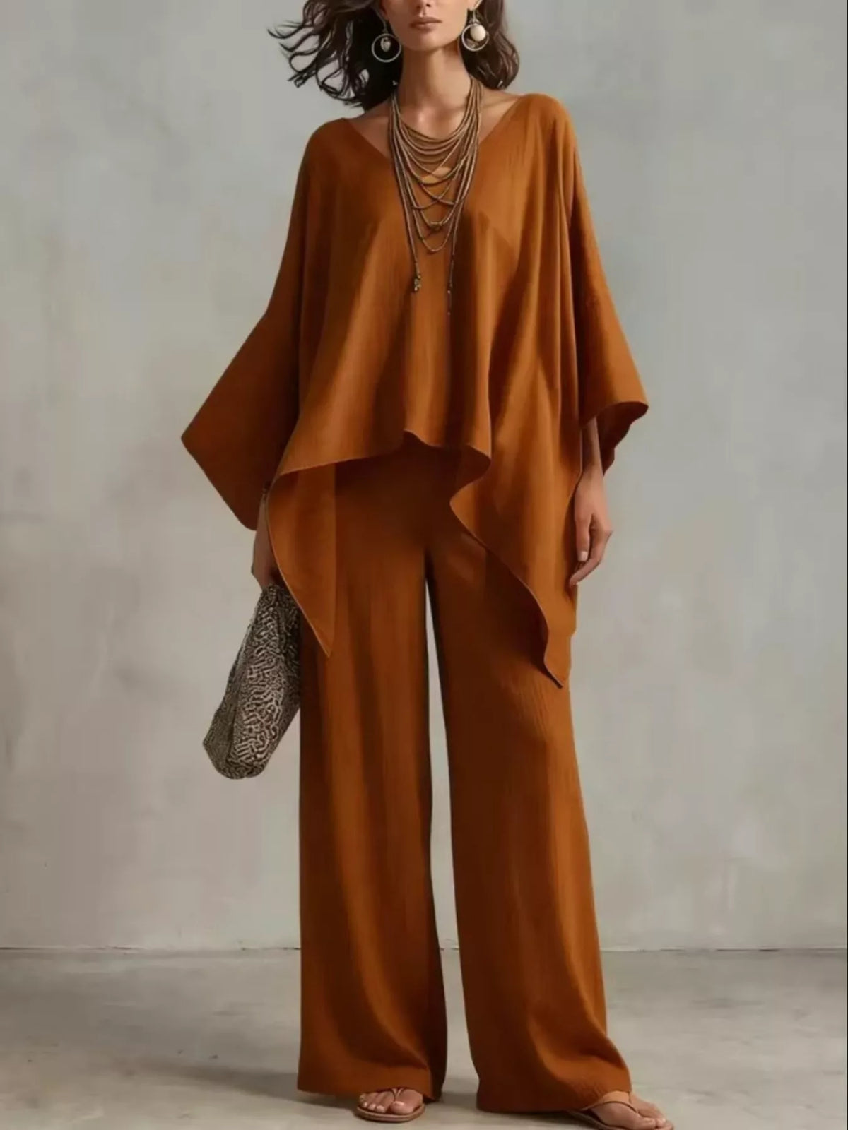 Loose Fit V-Neck Top and Pants Two-Piece Set