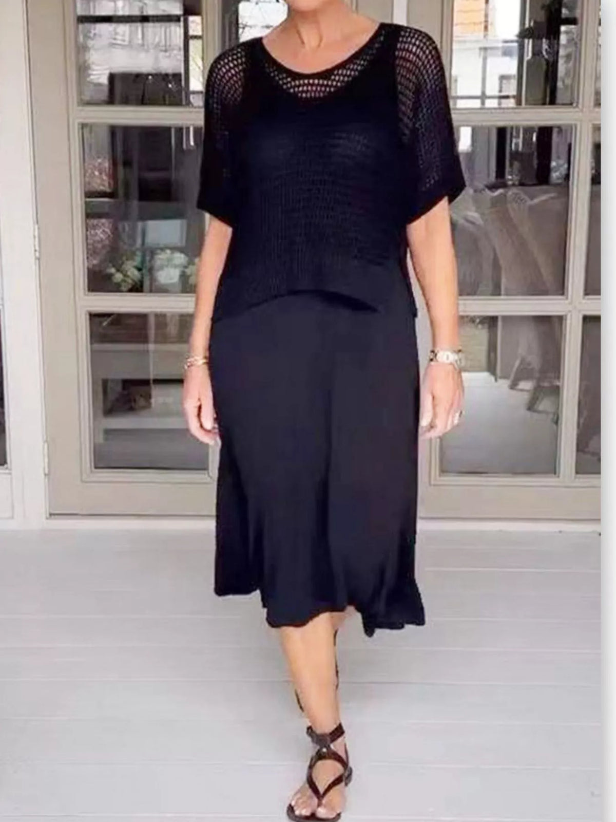 Full Size Openwork Knit Cover Up and Dress Set Plus Size in Black