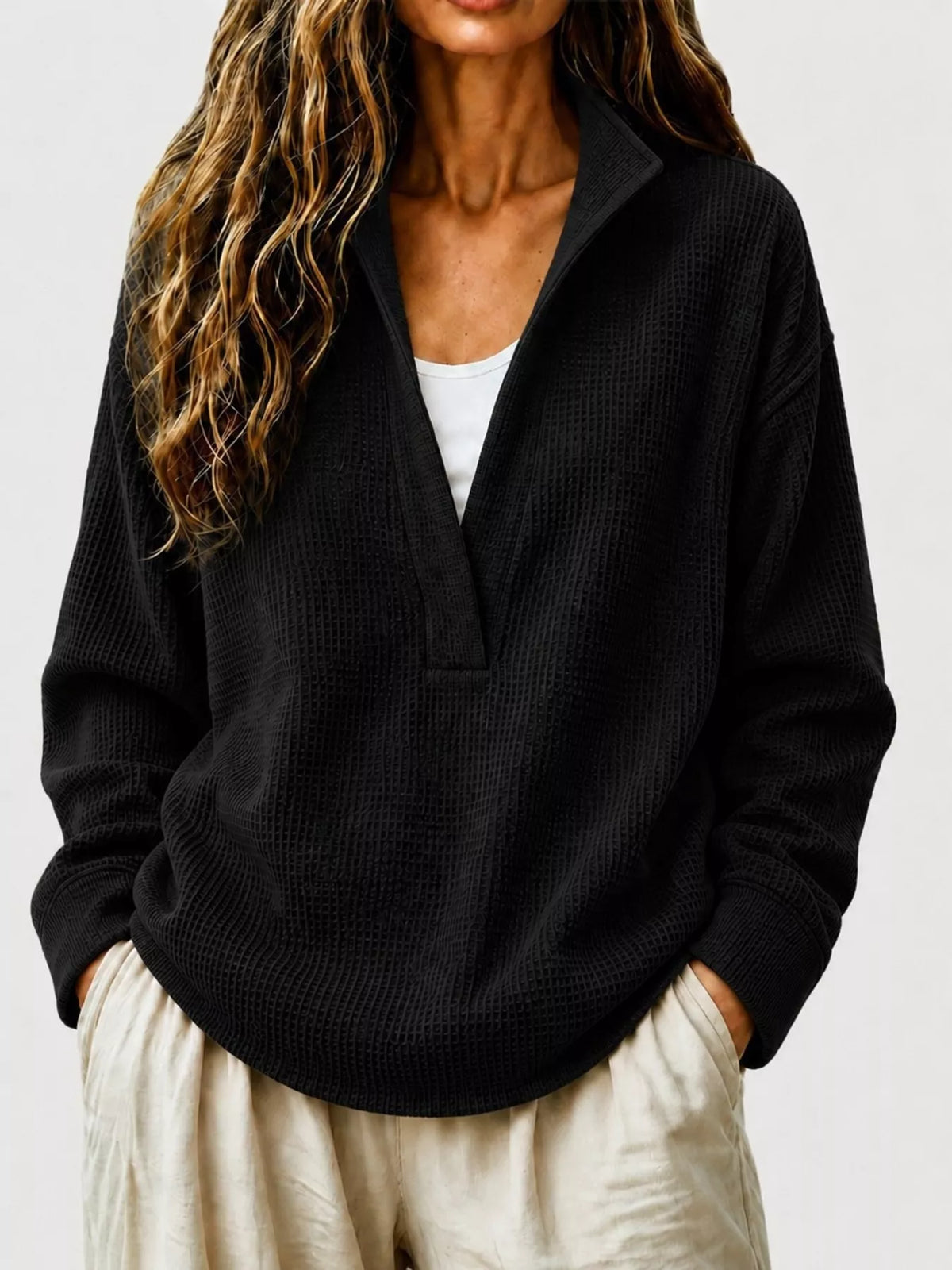 Full Size Waffle Knit Dropped Shoulder Sweatshirt Plus Size