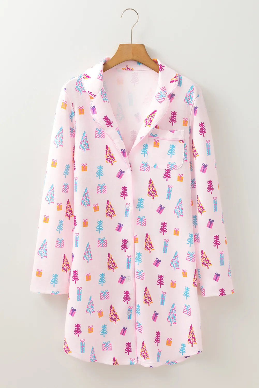 Printed Collared Neck Long Sleeve Lounge Dress - Lilixa.store