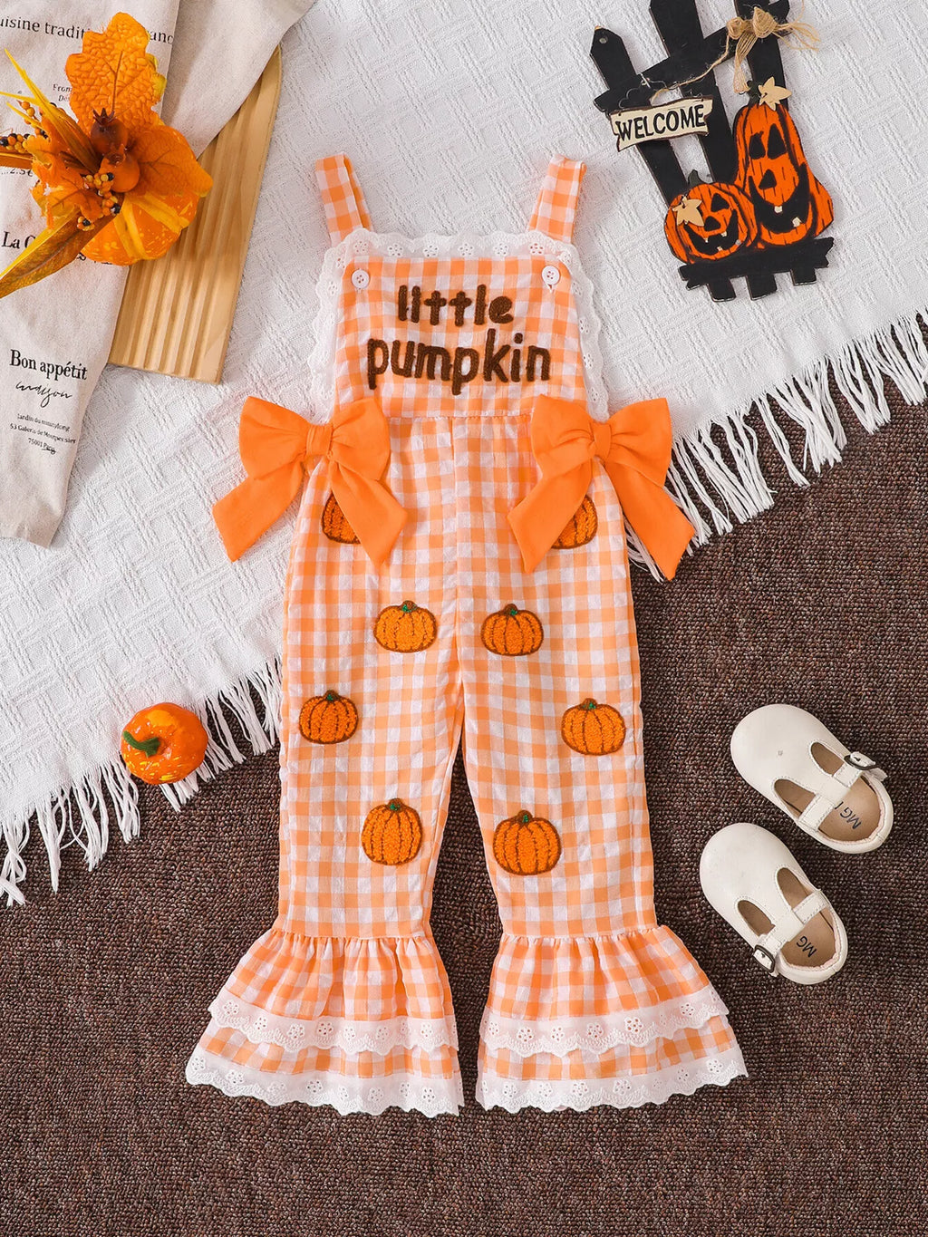 Children's Little Pumpkin Gingham Ruffle Hem Jumpsuit - Lilixa.store