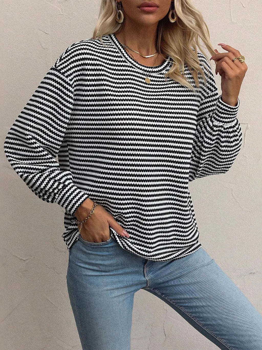 Striped Round Neck Lantern Sleeve Top - Lilixa.store