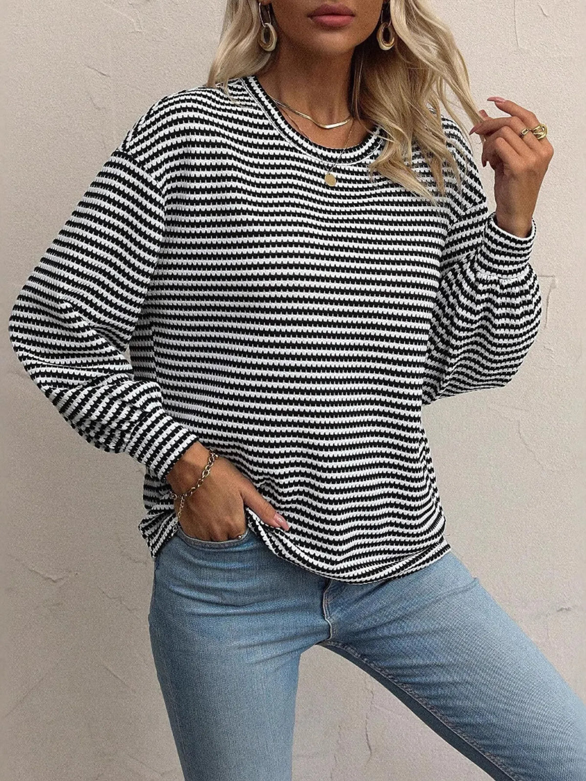 Striped Round Neck Lantern Sleeve Top - Lilixa.store