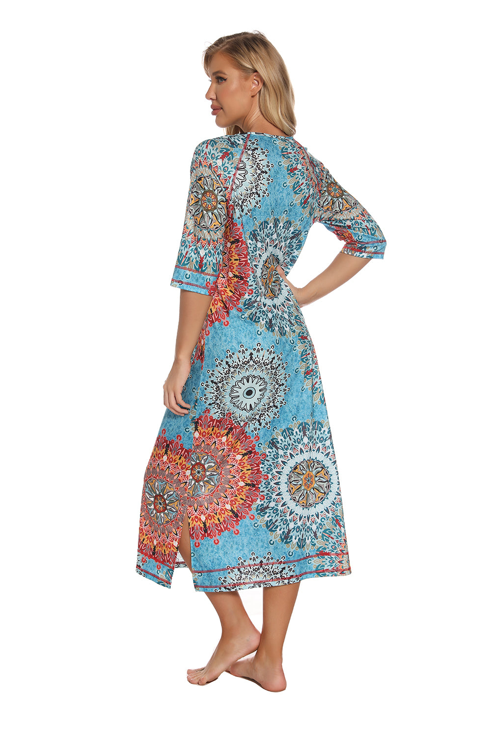 Printed Slit Night Dress with Pockets - Lilixa.store