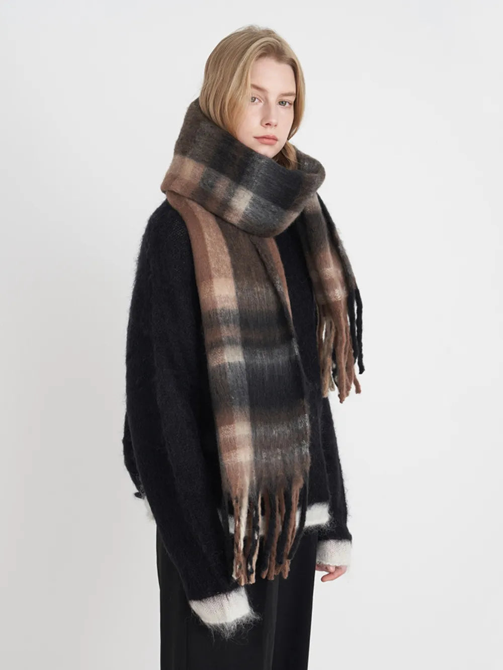 Fringe Plaid Polyester Scarf - Lilixa.store
