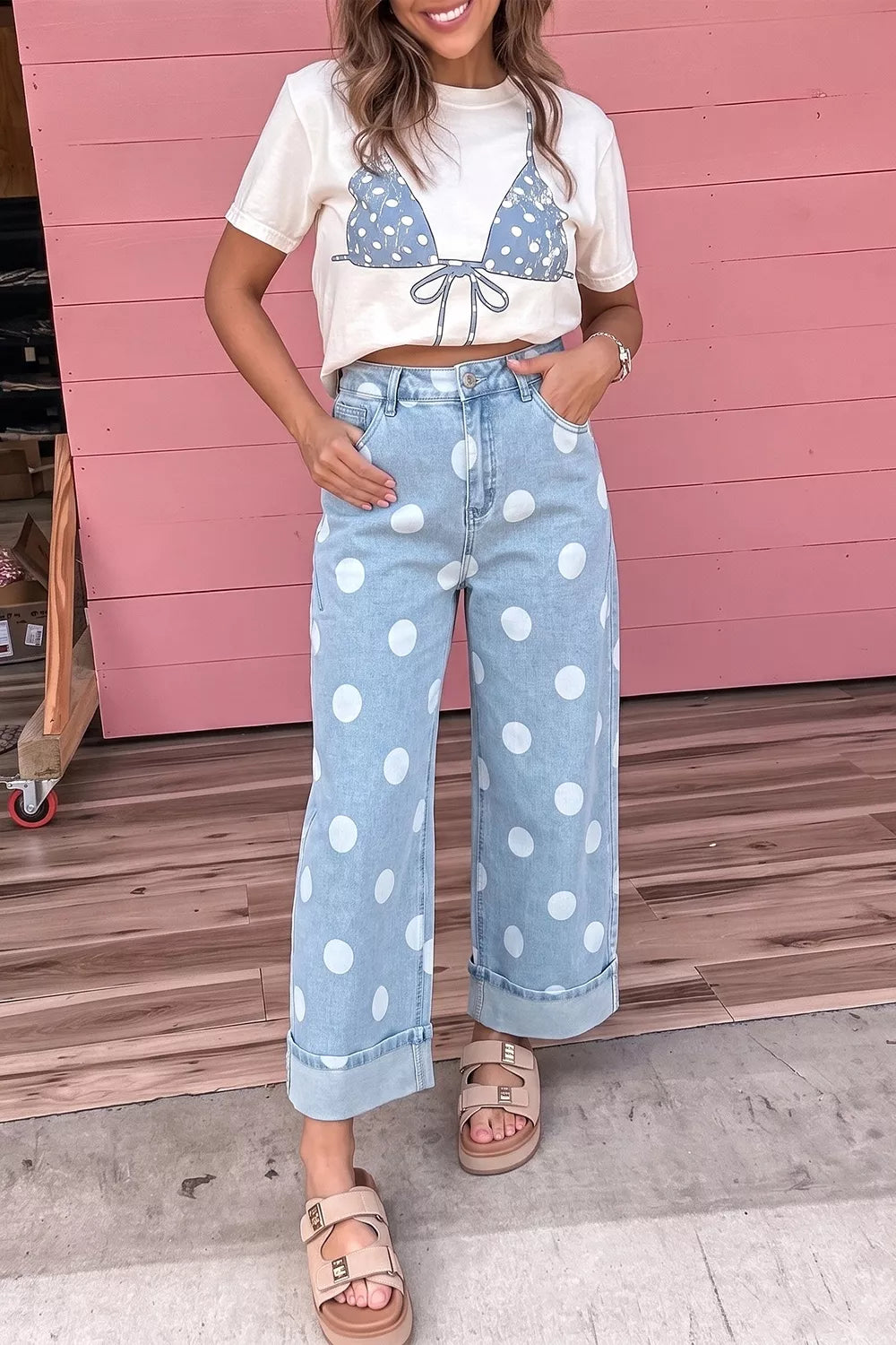 Polka Dot Ankle-Length Metal Button Casual Jeans - Lilixa.store