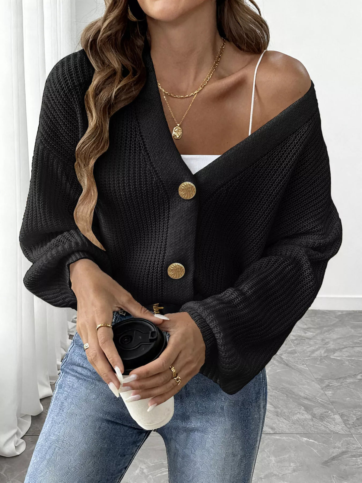 Elegant V-Neck Button-Down Ribbed Knit Cardigan, view 2