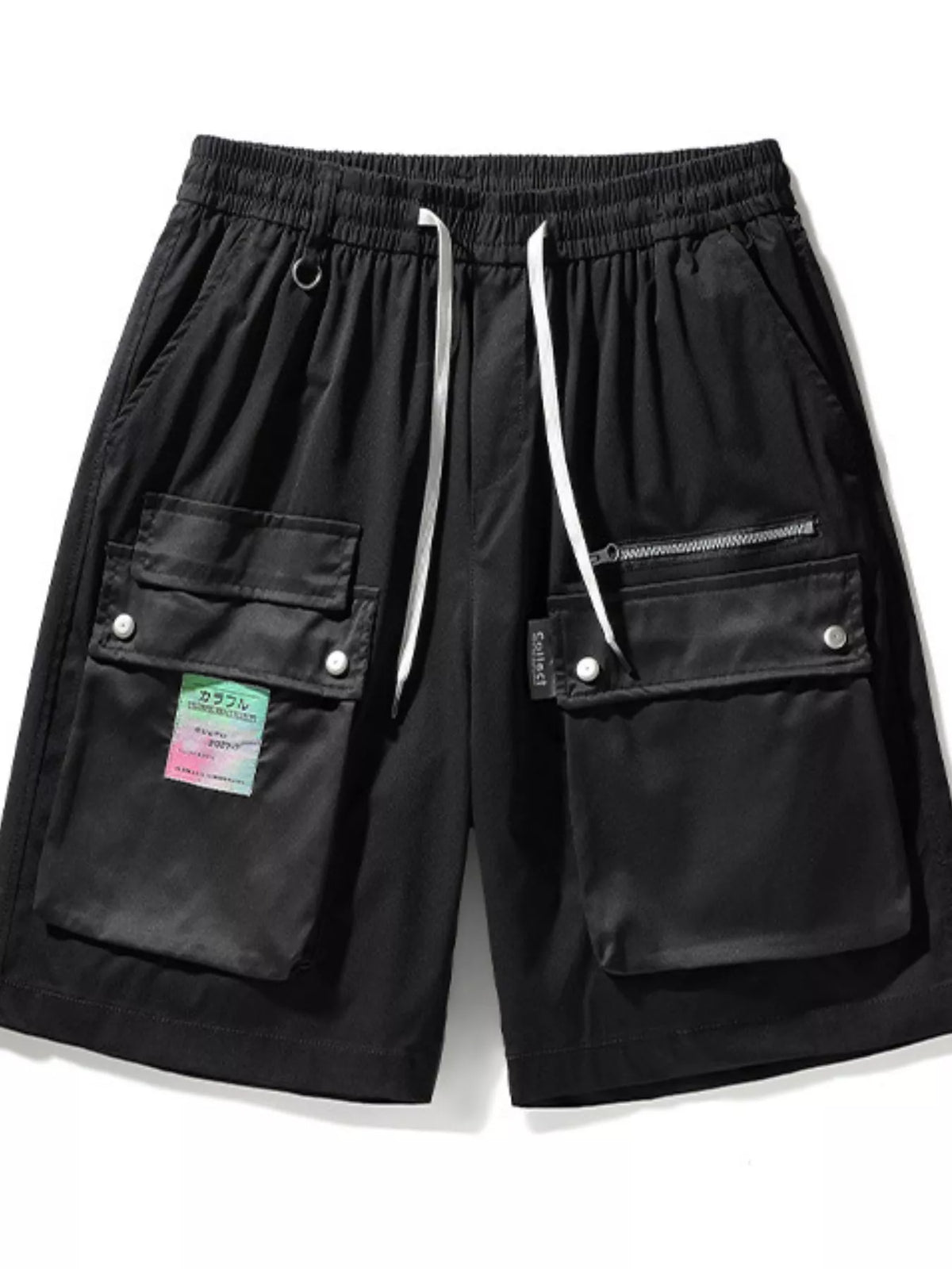 Men's Multi-Pocket Cargo Shorts with Drawstring in Black