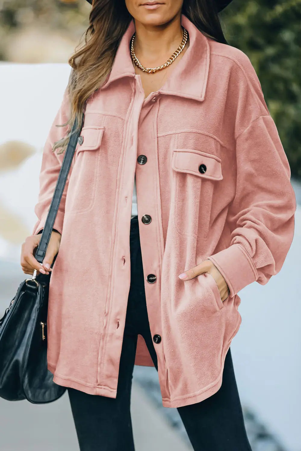 Button Up Collared Neck Long Sleeve Jacket in Blush Pink