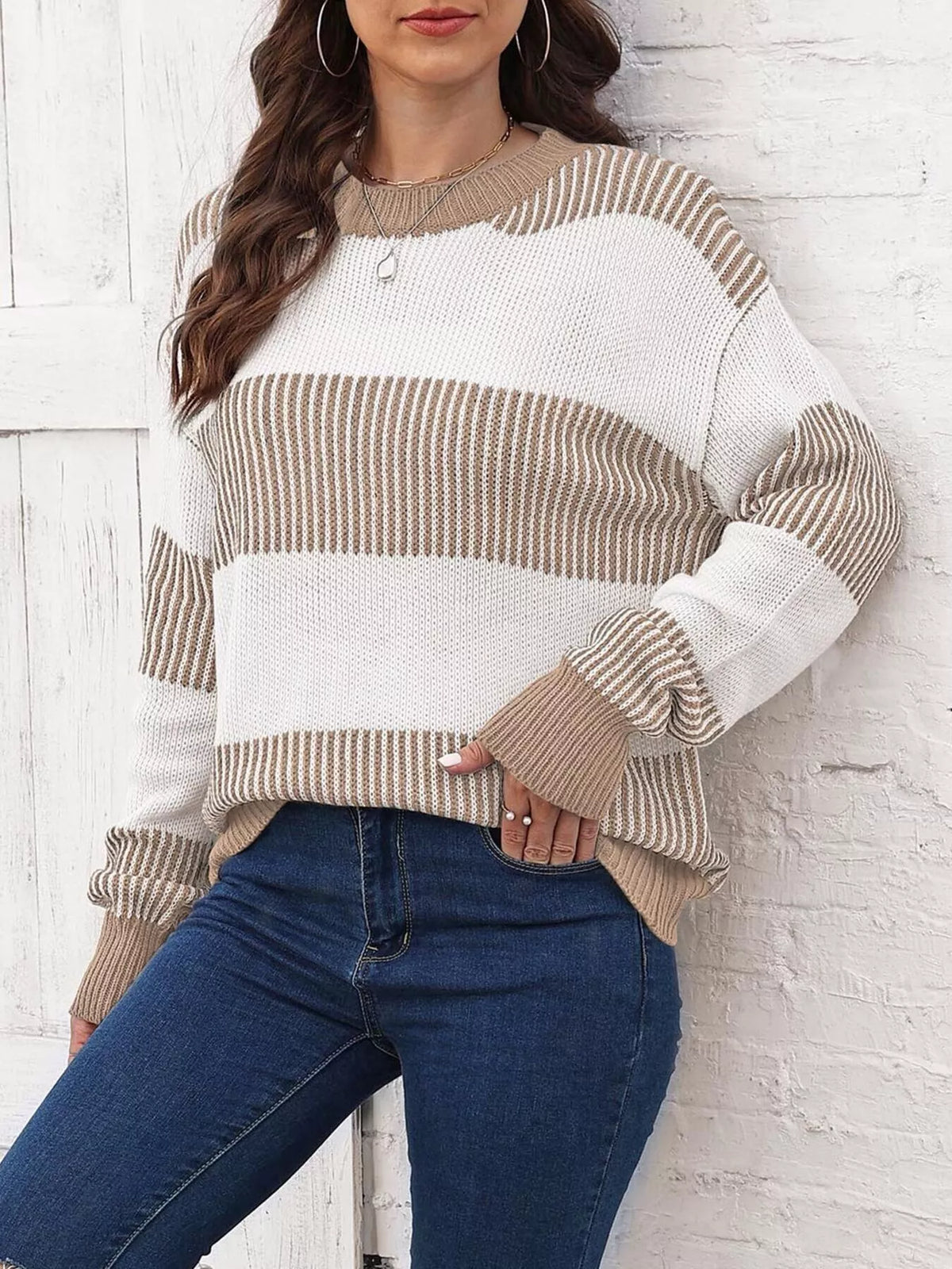 Full Size Striped Color Block Crew Neck Sweater Plus Size, view 6