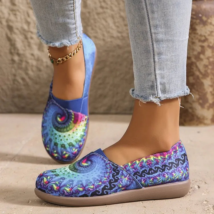 Bohemian Spiral Print Multicolor Slip-Ons in Blue