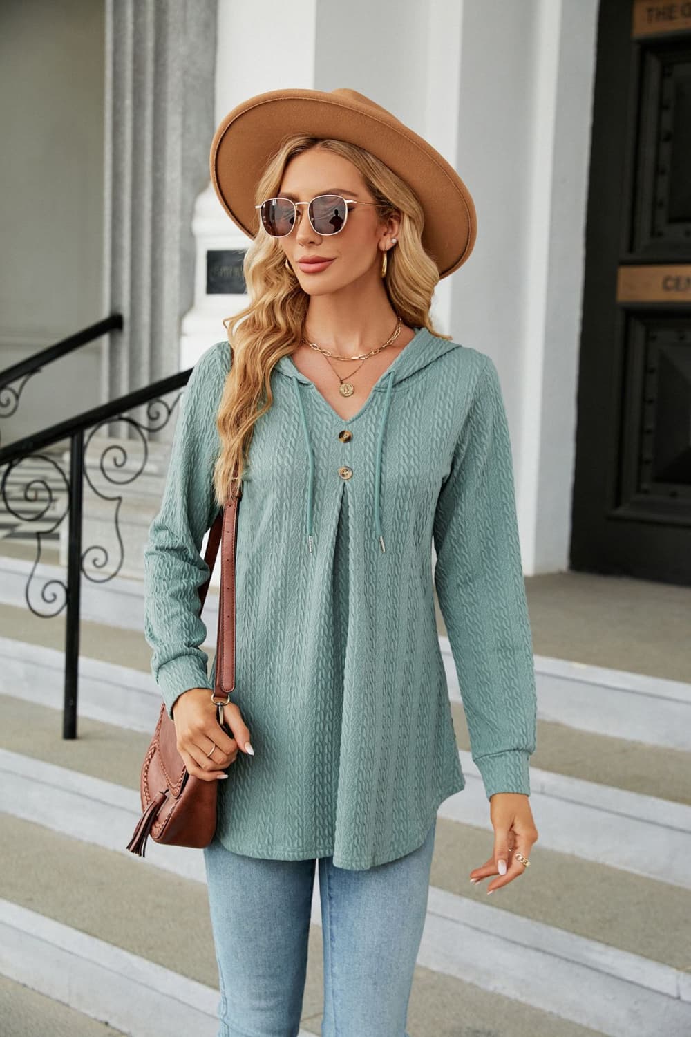 Long Sleeve Hooded Blouse in Sage