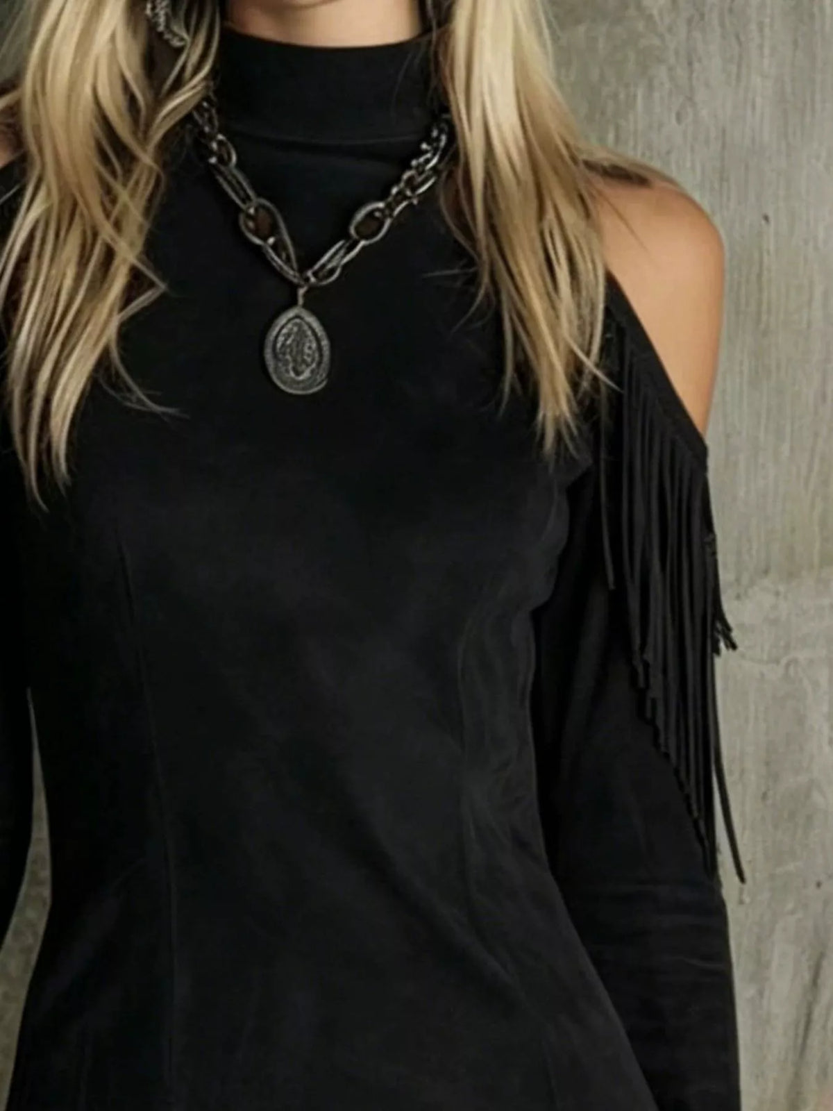 Fringed Cold Shoulder Mini Dress, view 3
