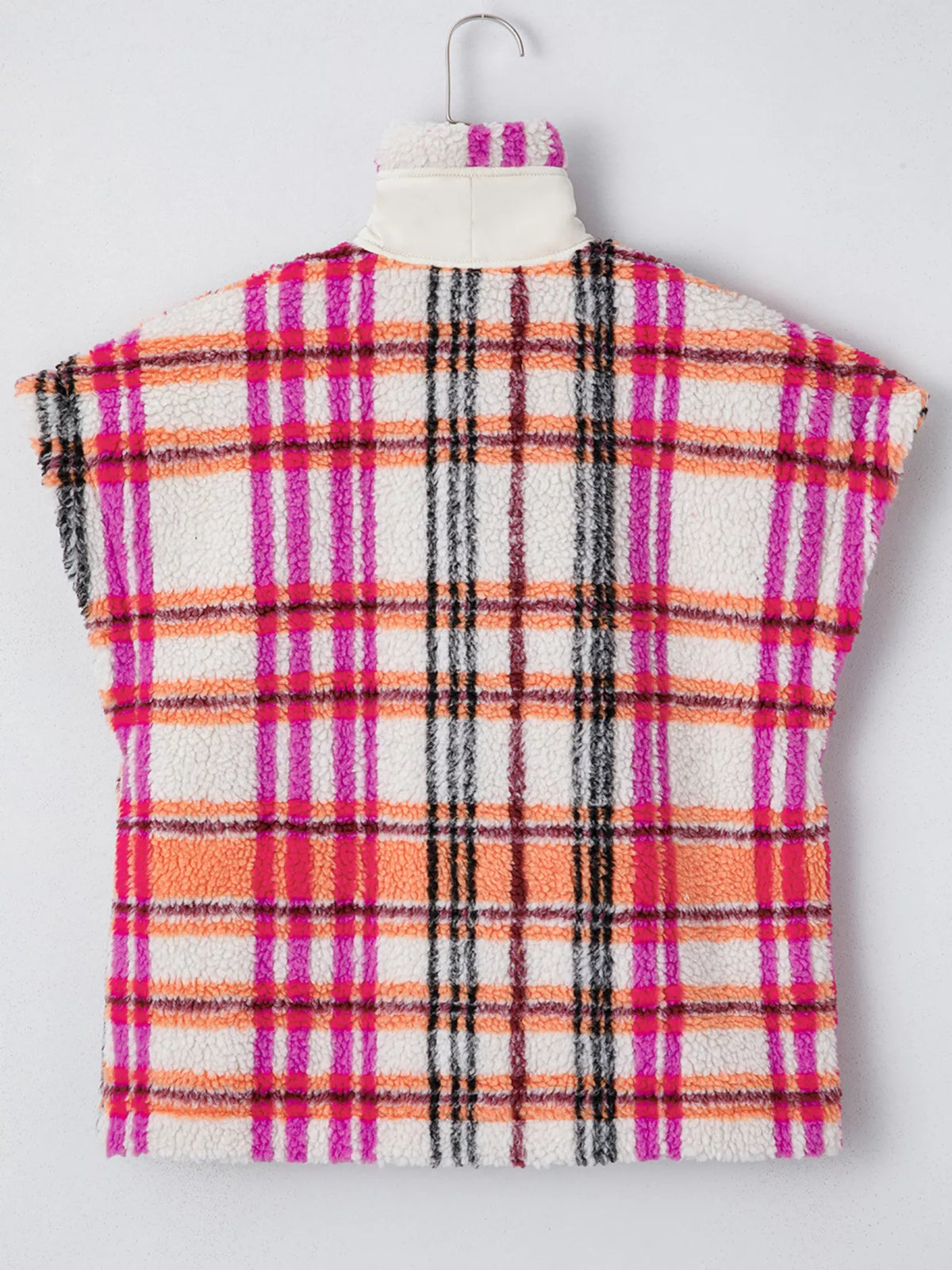 Sherpa Plaid Snap Down Vest Coat - Lilixa.store