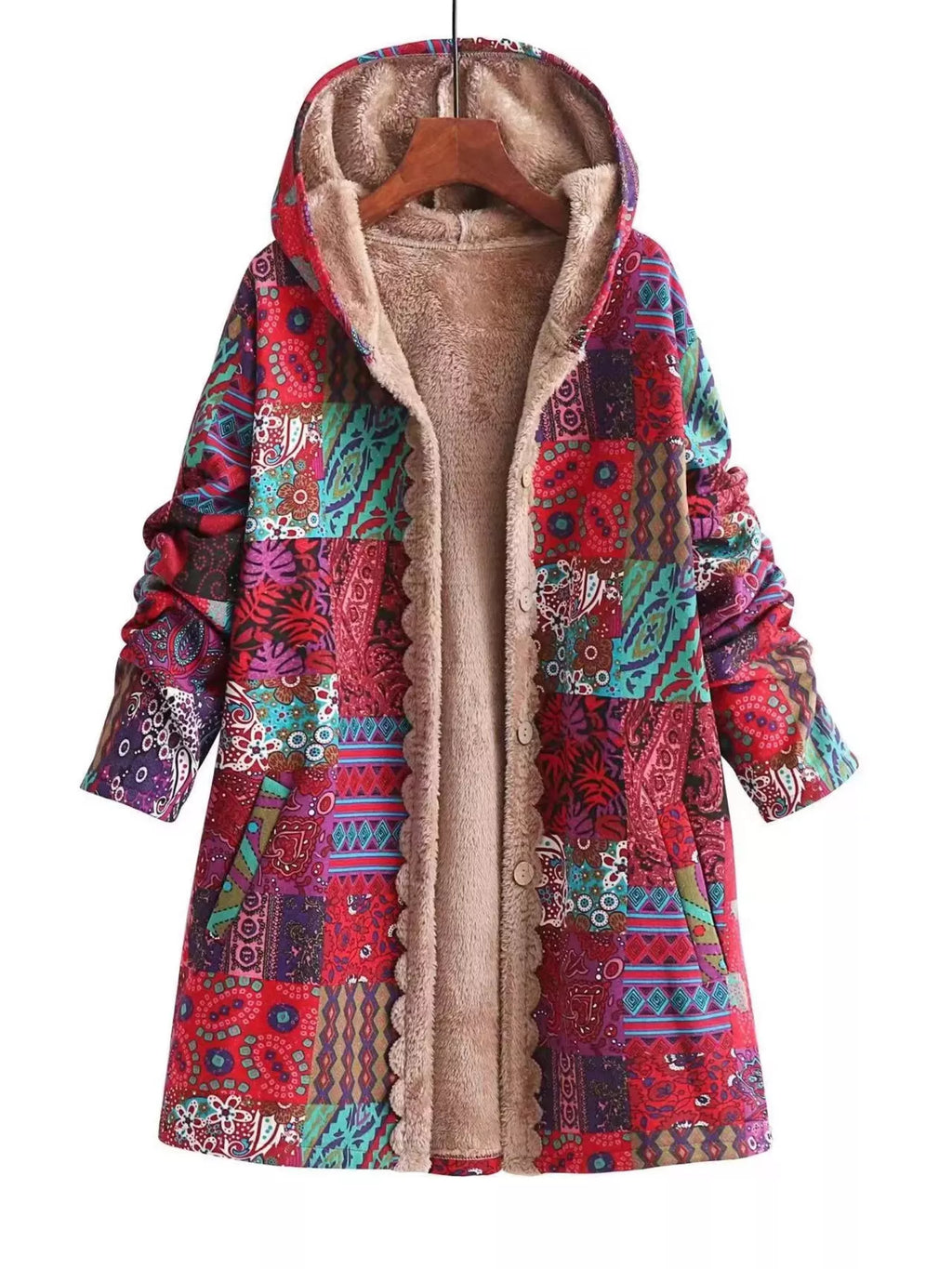 Bohemian Patchwork Fleece Lined Hooded Outerwear - Lilixa.store