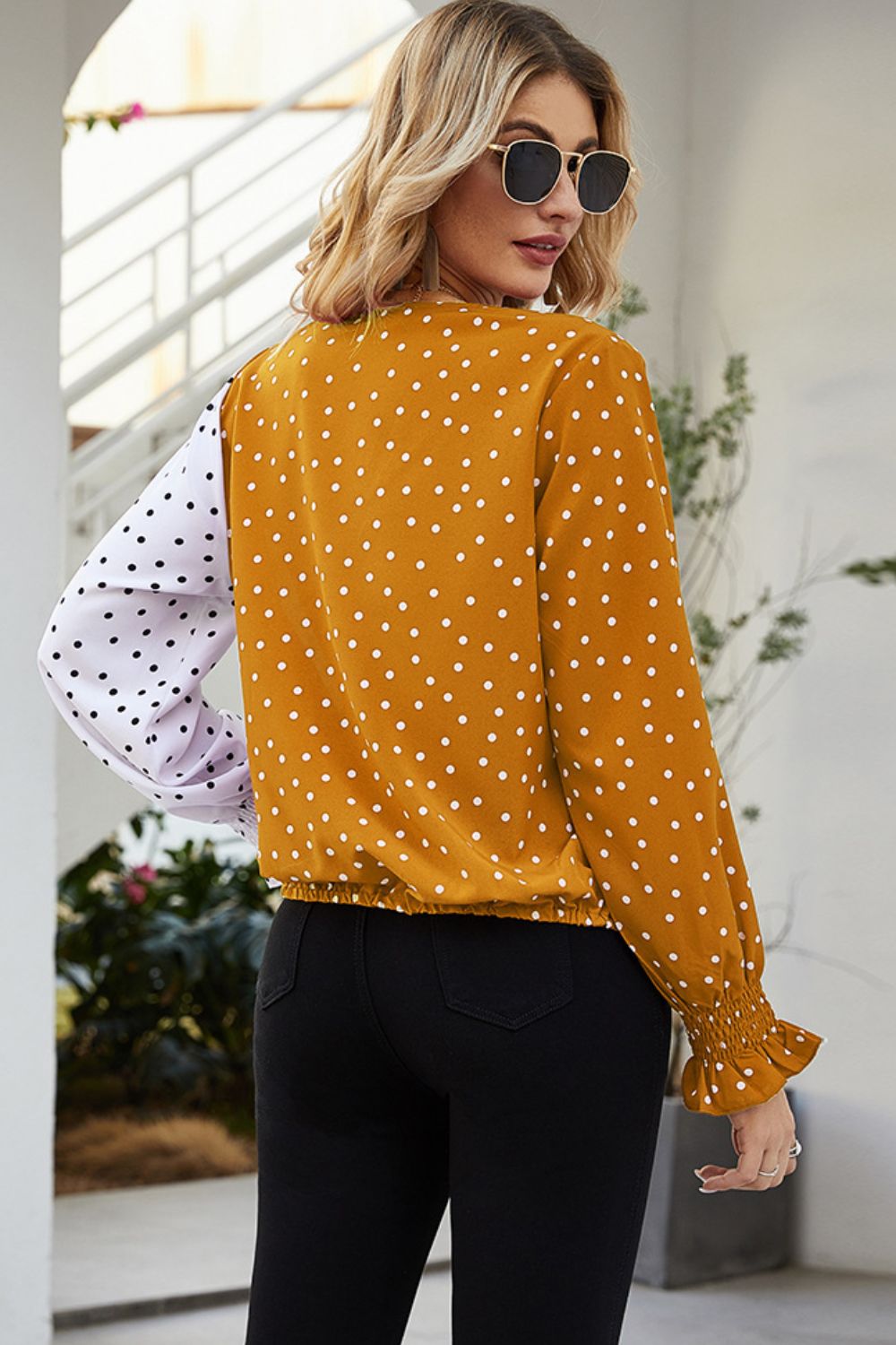 Ivy Lane Polka Dot Surplice Neck Lantern Sleeve Blouse in Tangerine, view 2