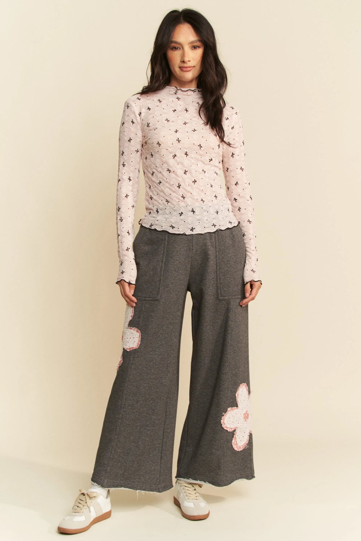 Davi & Dani Ribbon Bow Lace Hem Long Sleeve Mesh Layering Top - Lilixa.store