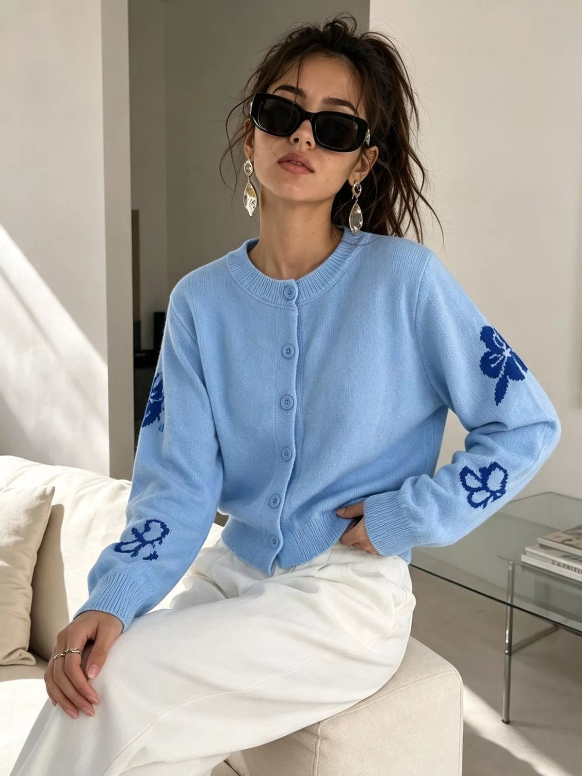 Floral Crew Neck Cropped Knit Cardigan, view 2