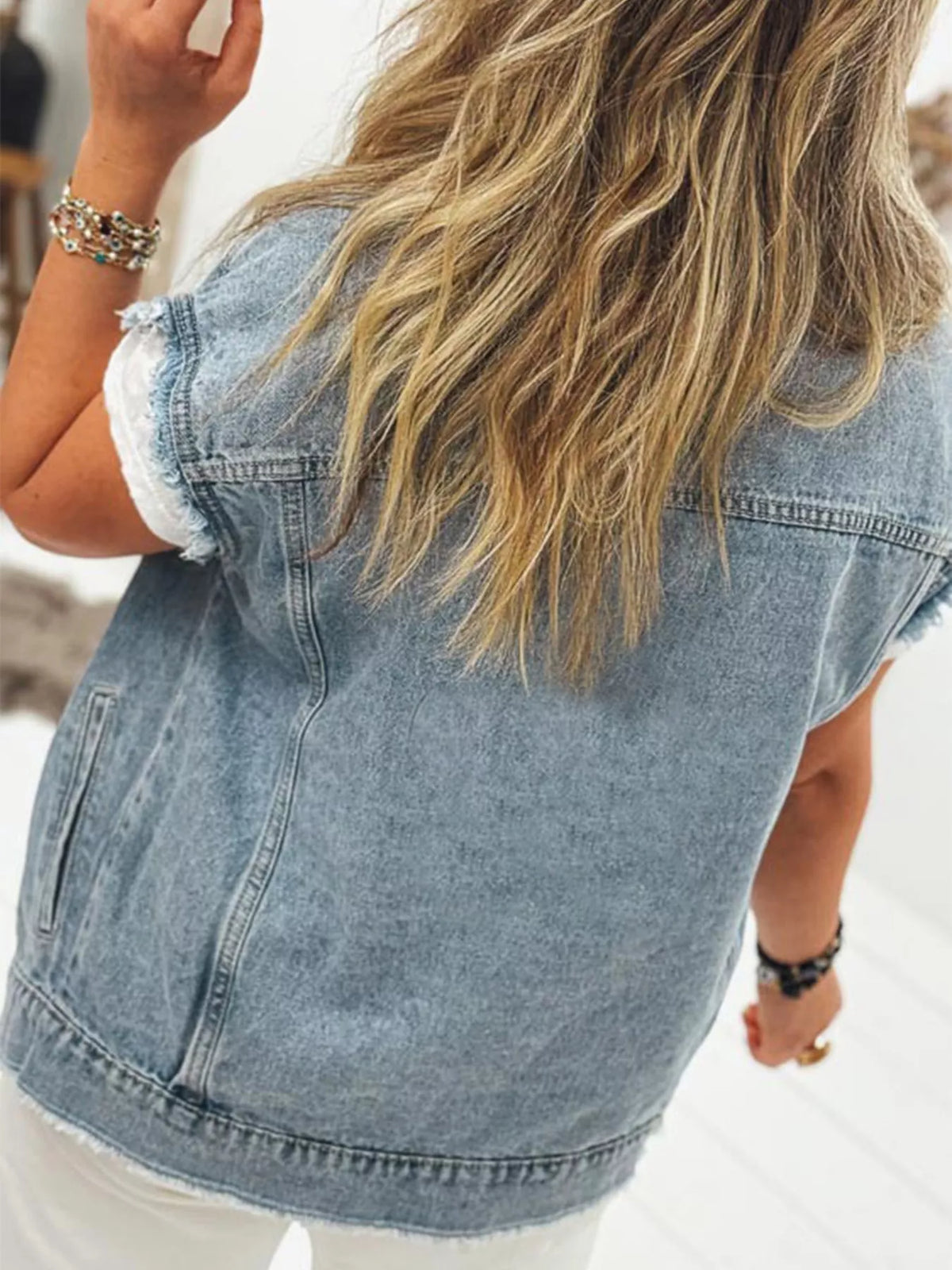 Button Flap Pocket Frayed Detail Denim Vest, view 2