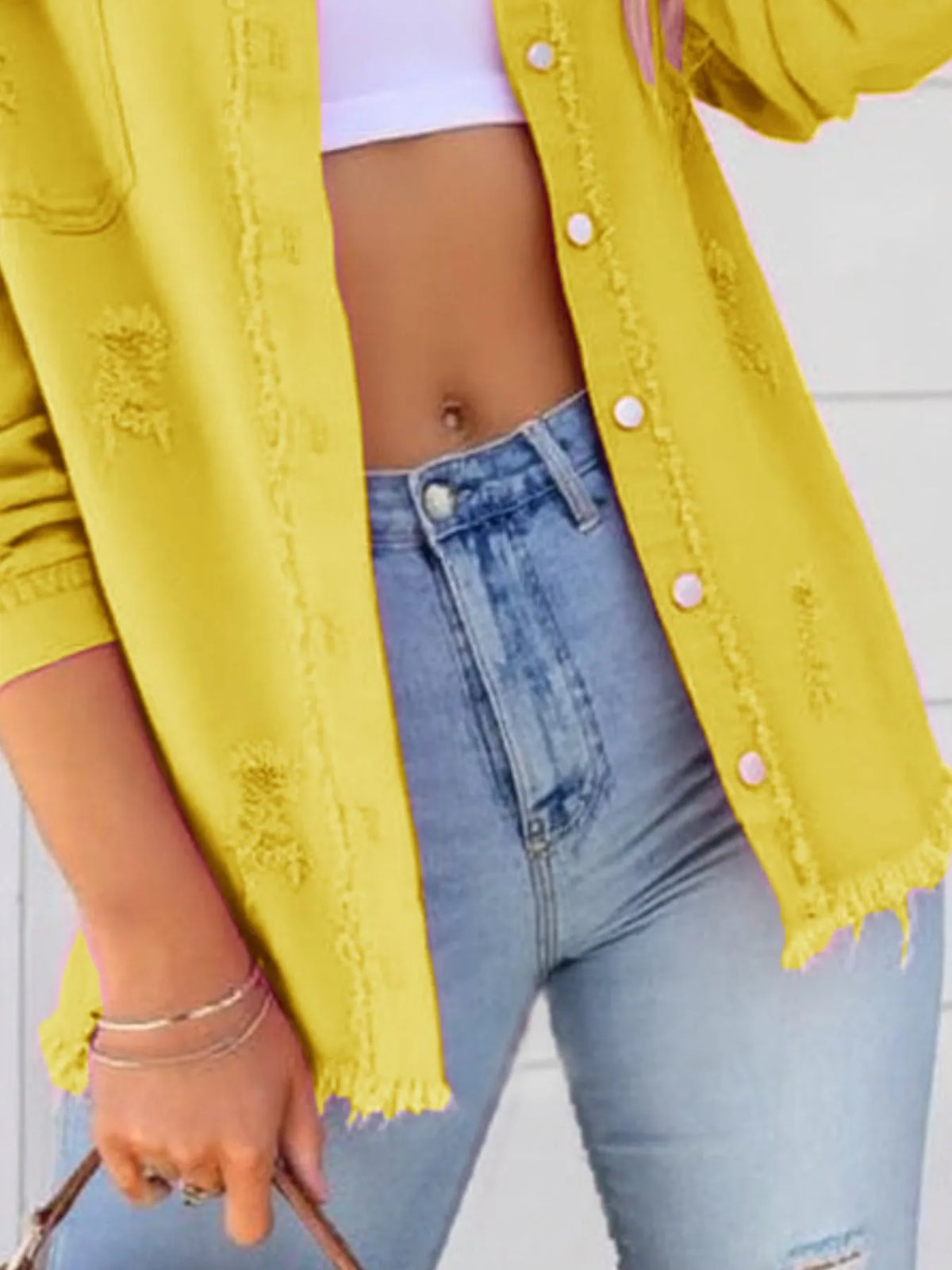 Distressed Denim Jacket with Frayed Edges - Lilixa.store