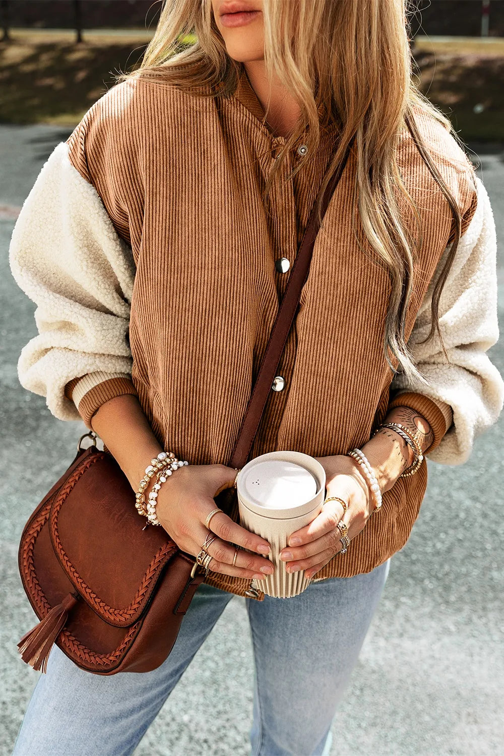 Contrast Baseball Collar Snap Down Long Sleeve Jacket, view 9