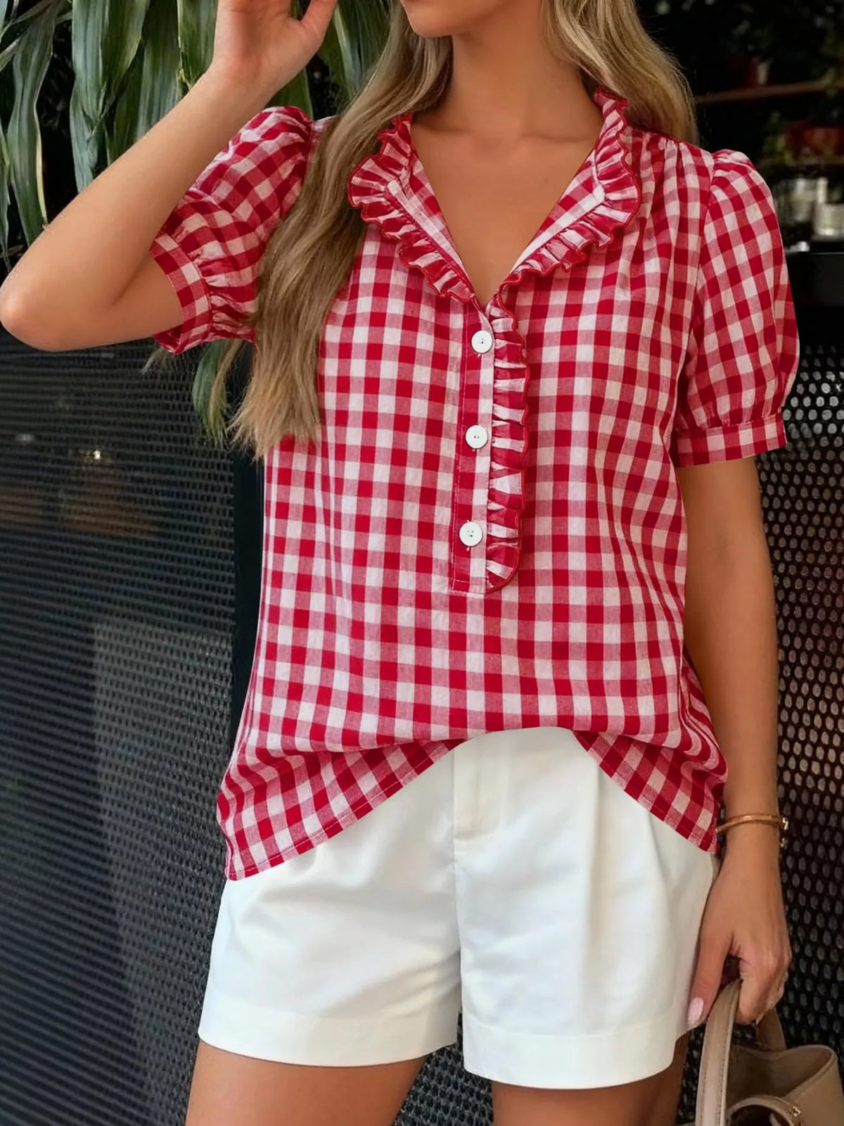 Gingham Button Front Puff Sleeve Blouse in Red