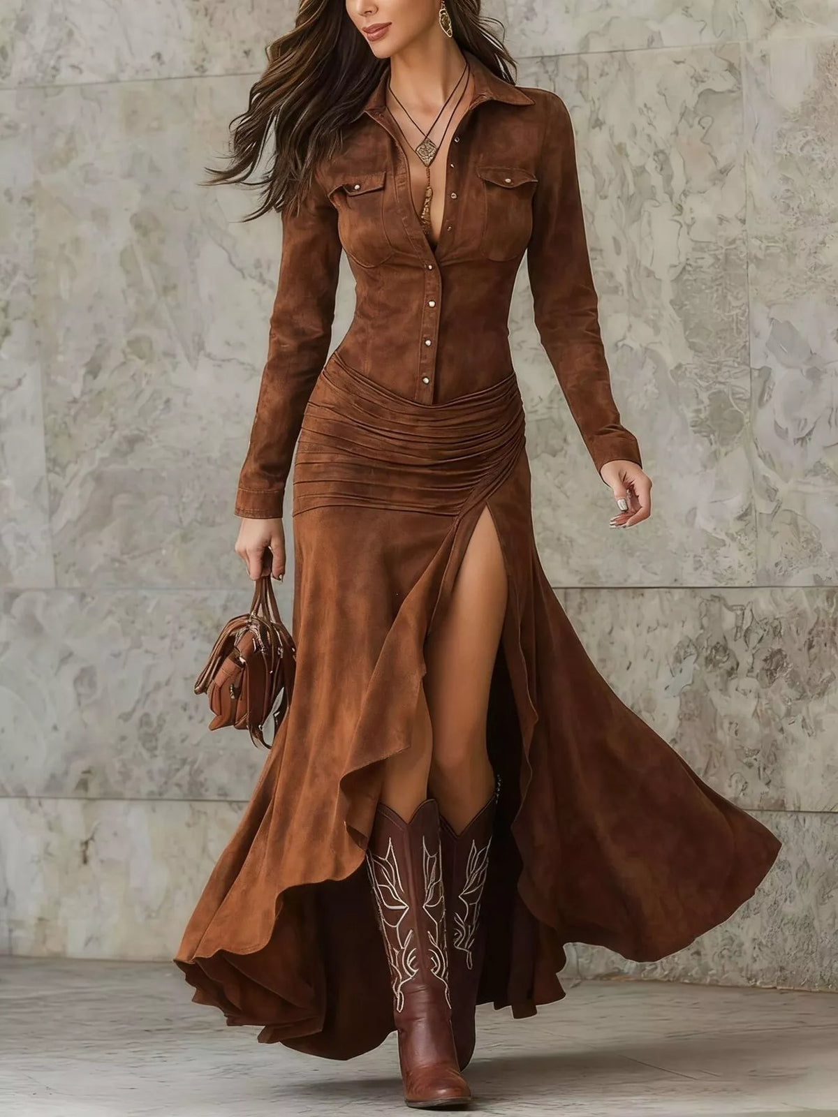 Full Size High-Low Long Sleeve Maxi Dress Plus Size in Caramel