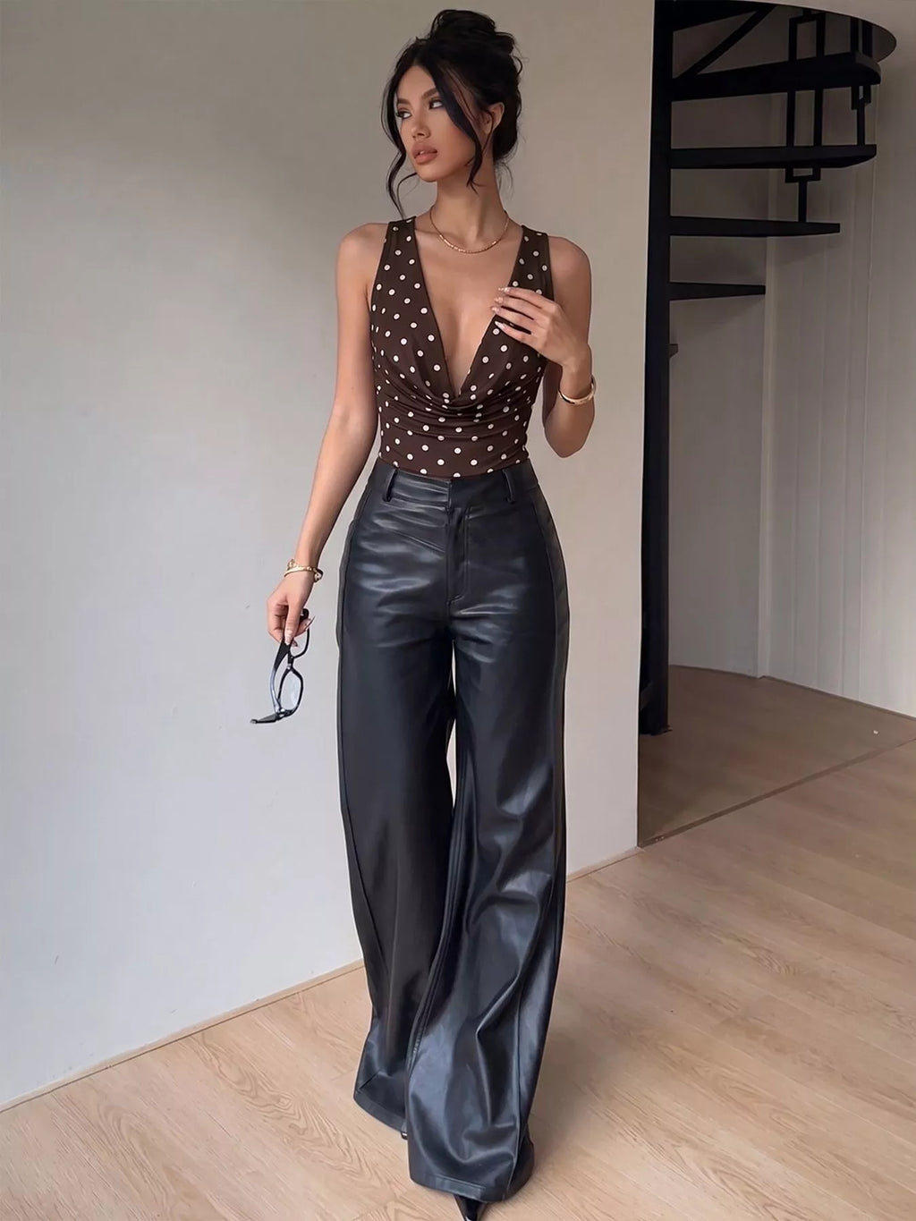 Polka Dot Cowl Neck Bodysuit - Lilixa.store
