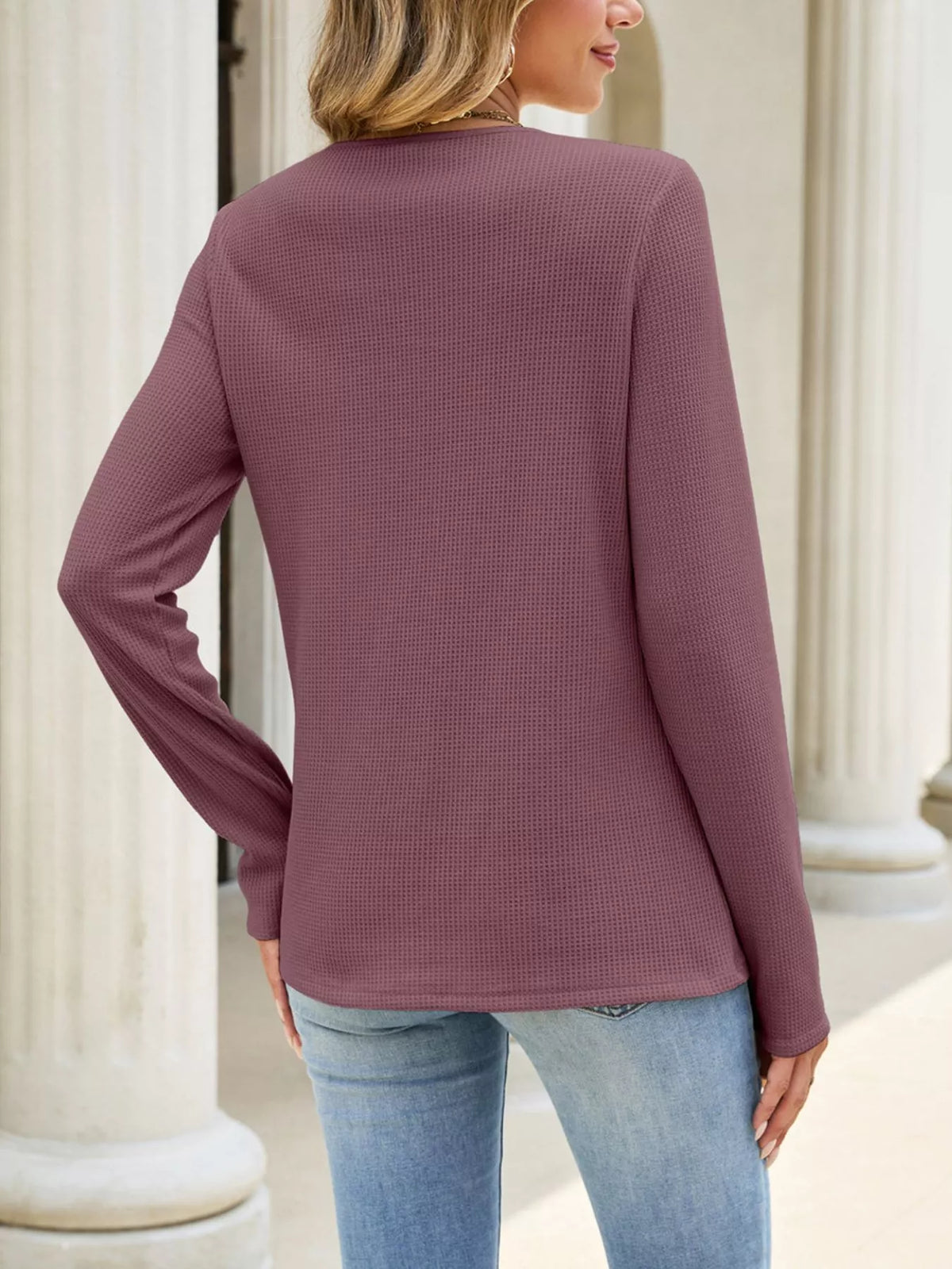 Lace Panel Waffle Knit Long Sleeve T-Shirt