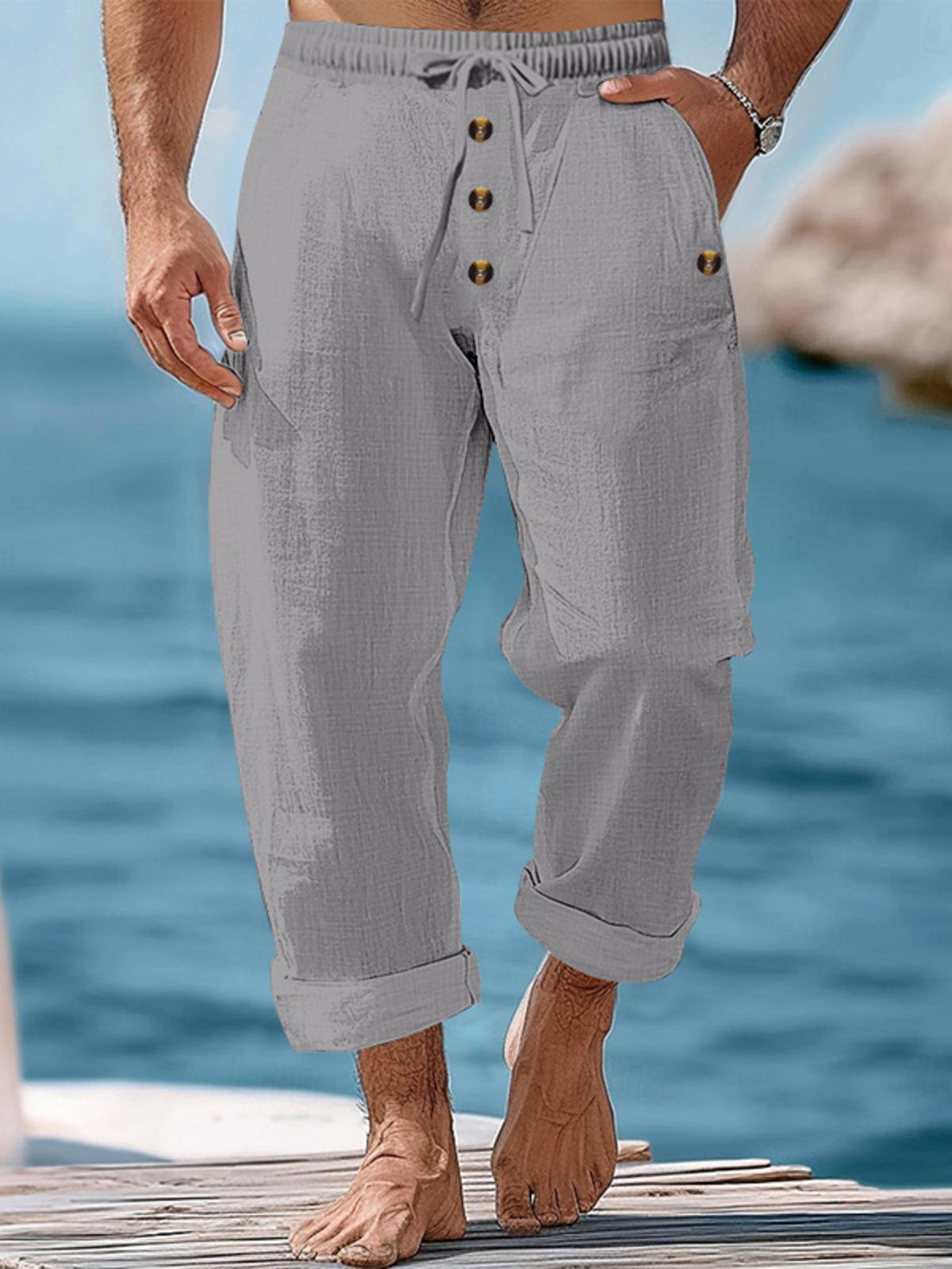 Men's Full Size Button-Fly Drawstring Pants Plus Size in Gray