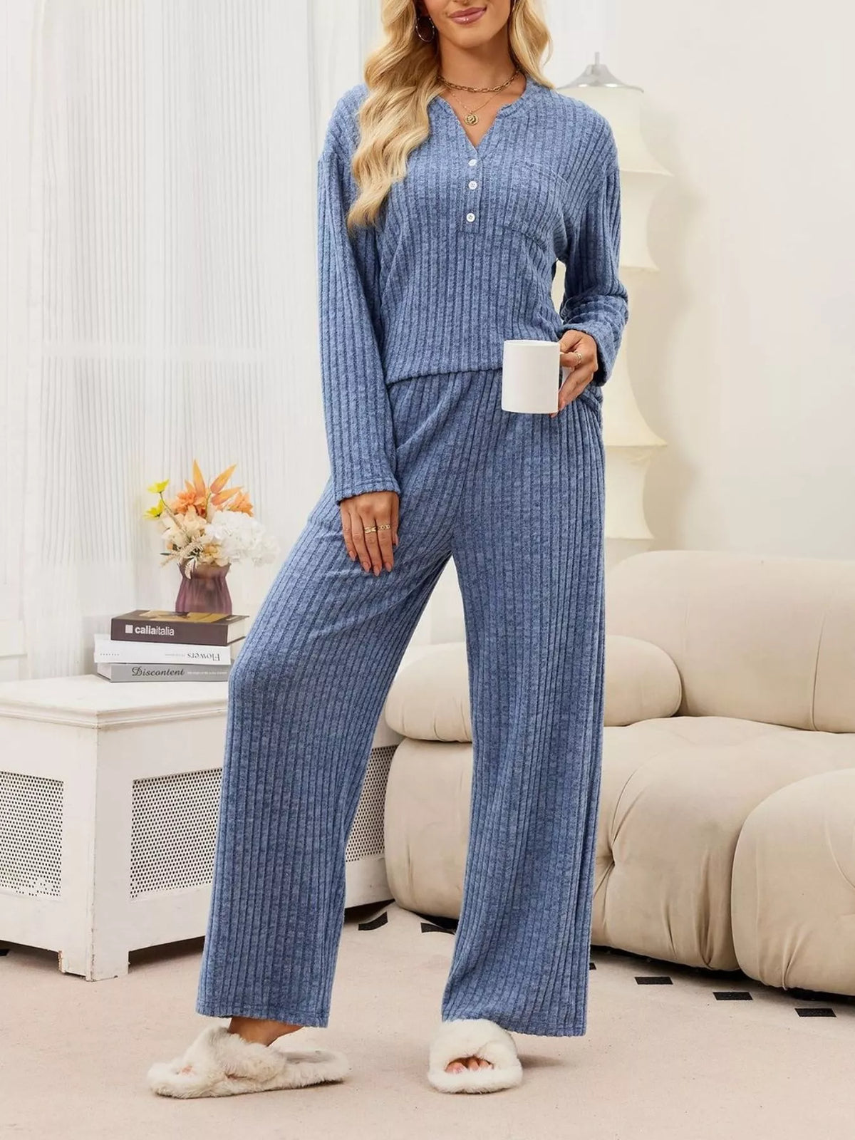 Ribbed Knit Top and Wide-Leg Pants Set - Lilixa.store
