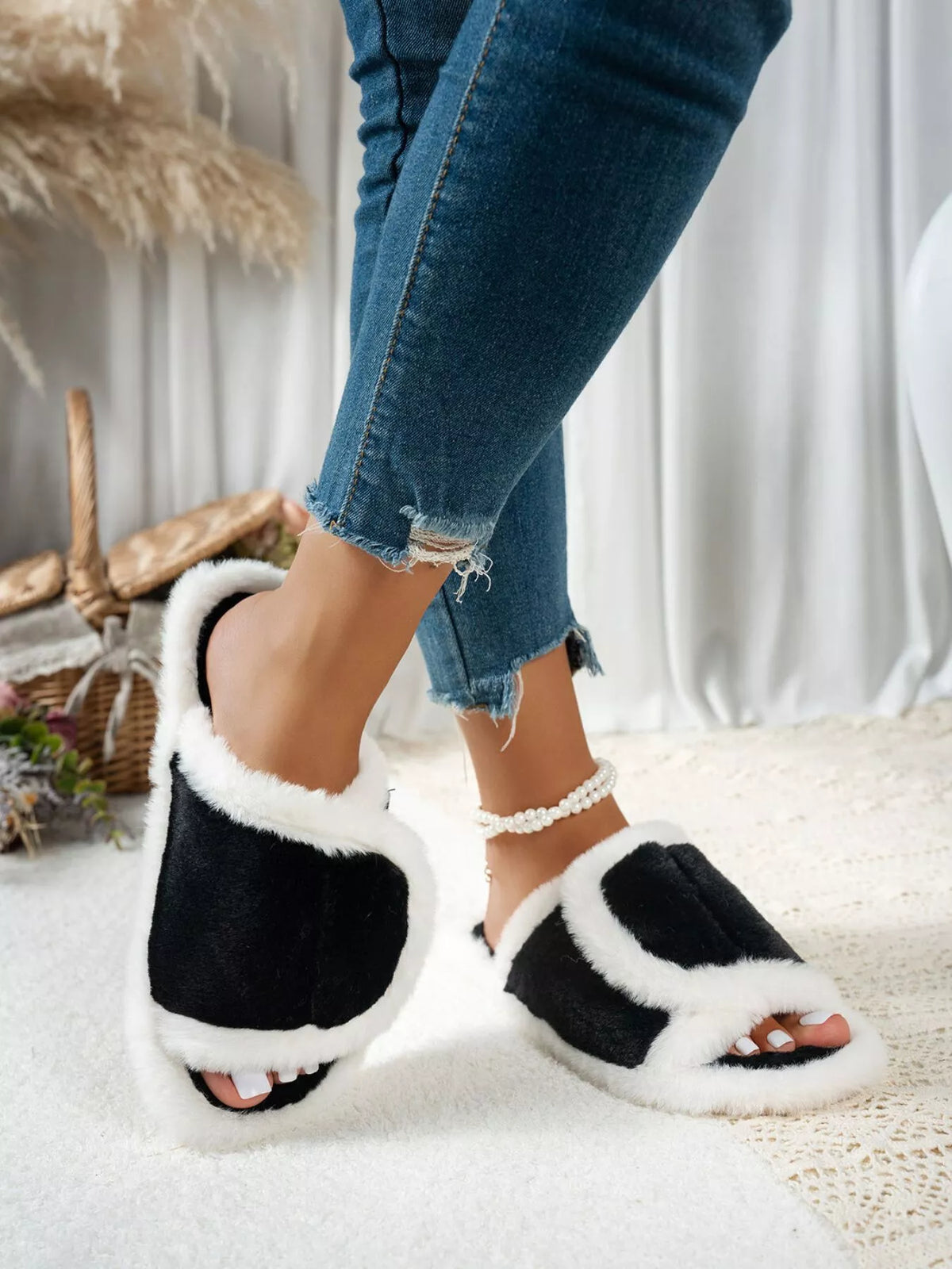 Fuzzy Open Toe Flats Slippers - Lilixa.store