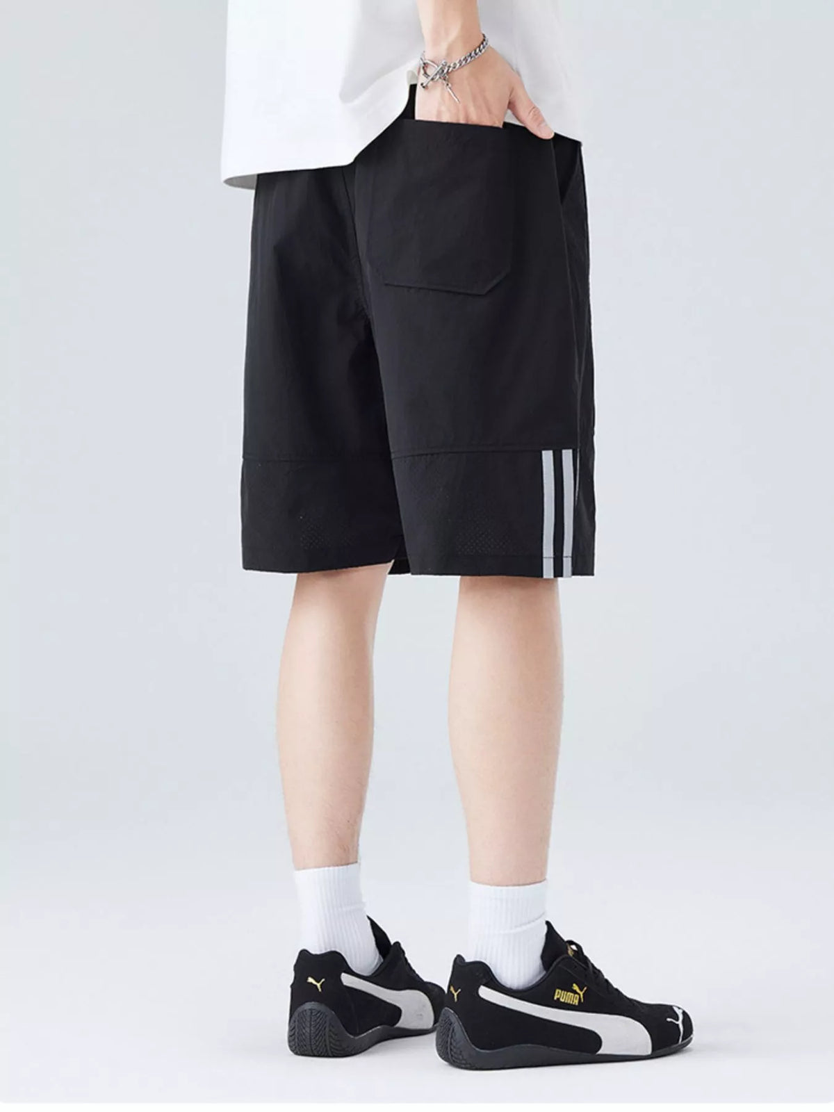 Men's Plus Size Casual Striped Shorts in Black