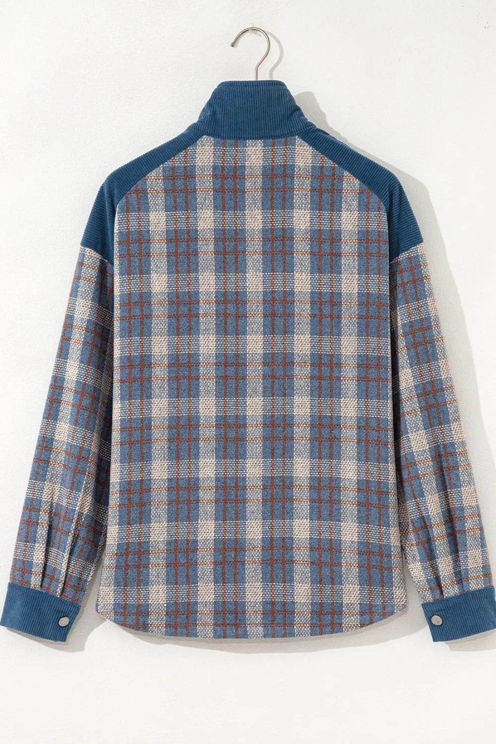 Plaid Corduroy Patchwork Collared Zip Up Snap Button Jacket, view 10