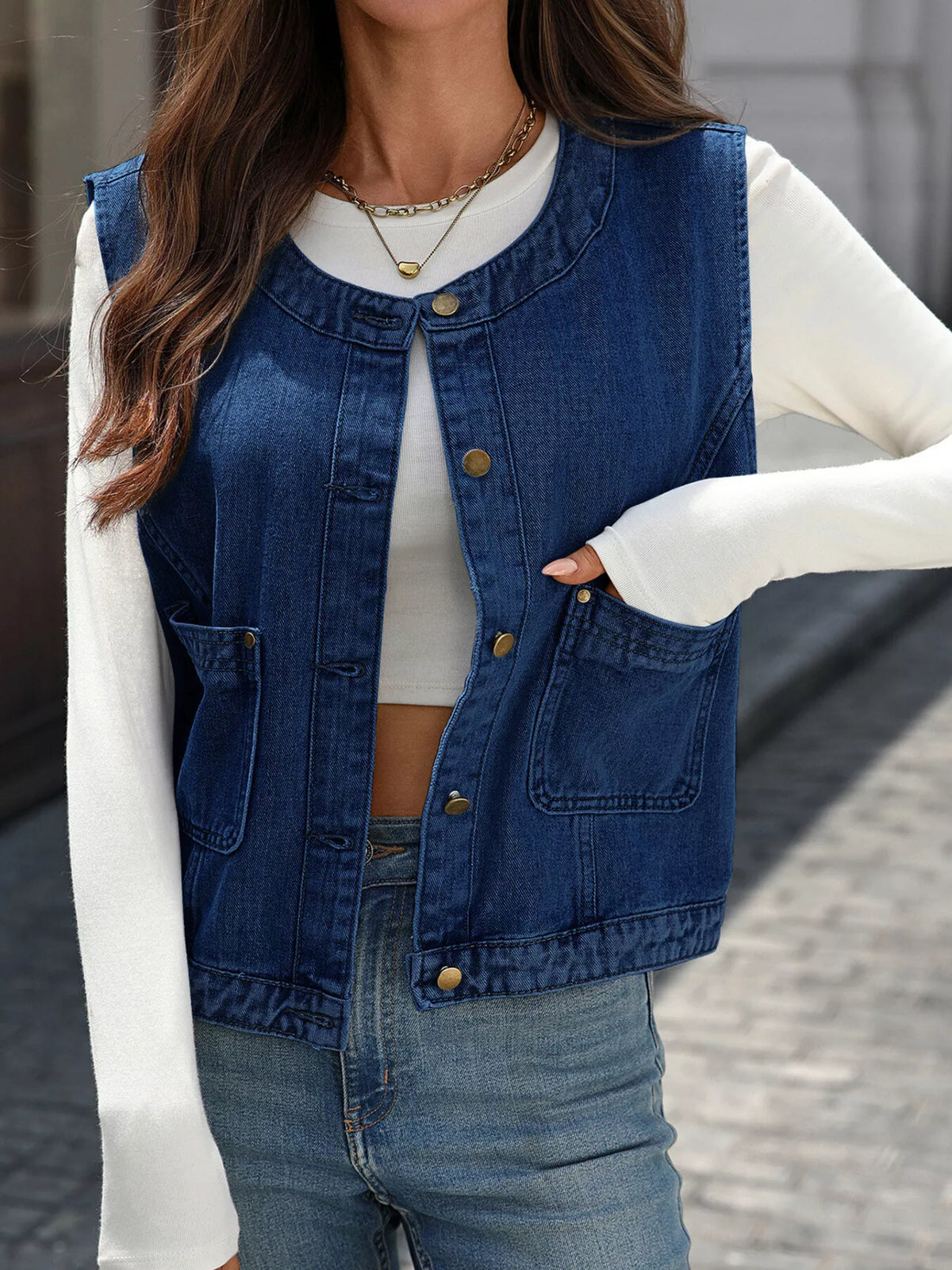 Button-Down Denim Vest - Lilixa.store
