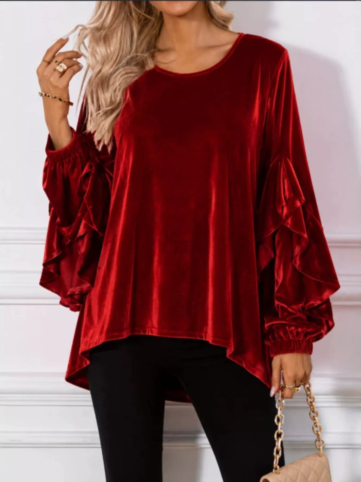 Velvet Round Neck Ruffle Sleeve Top