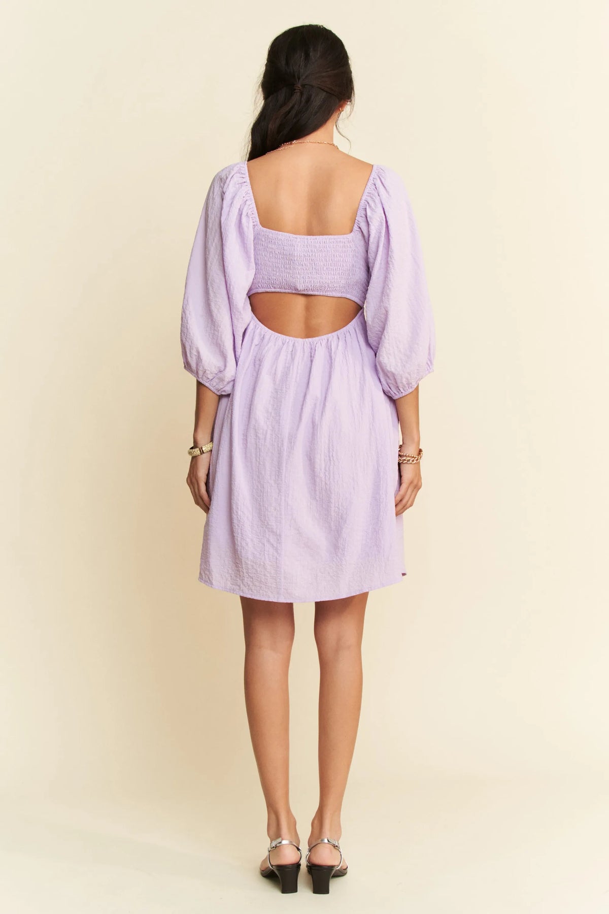 Davi & Dani Self-Tie Puff Sleeve Smocking Open Back Mini Dress - Lilixa.store