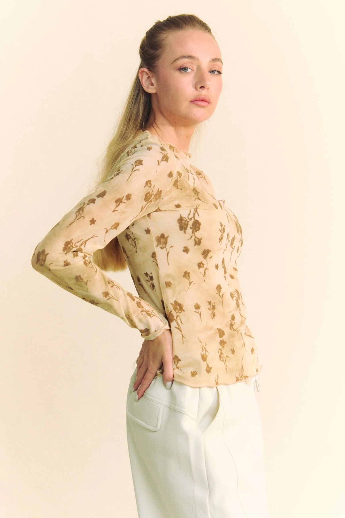Davi & Dani Floral Mesh Long Sleeve Sheer Layering Top - Lilixa.store